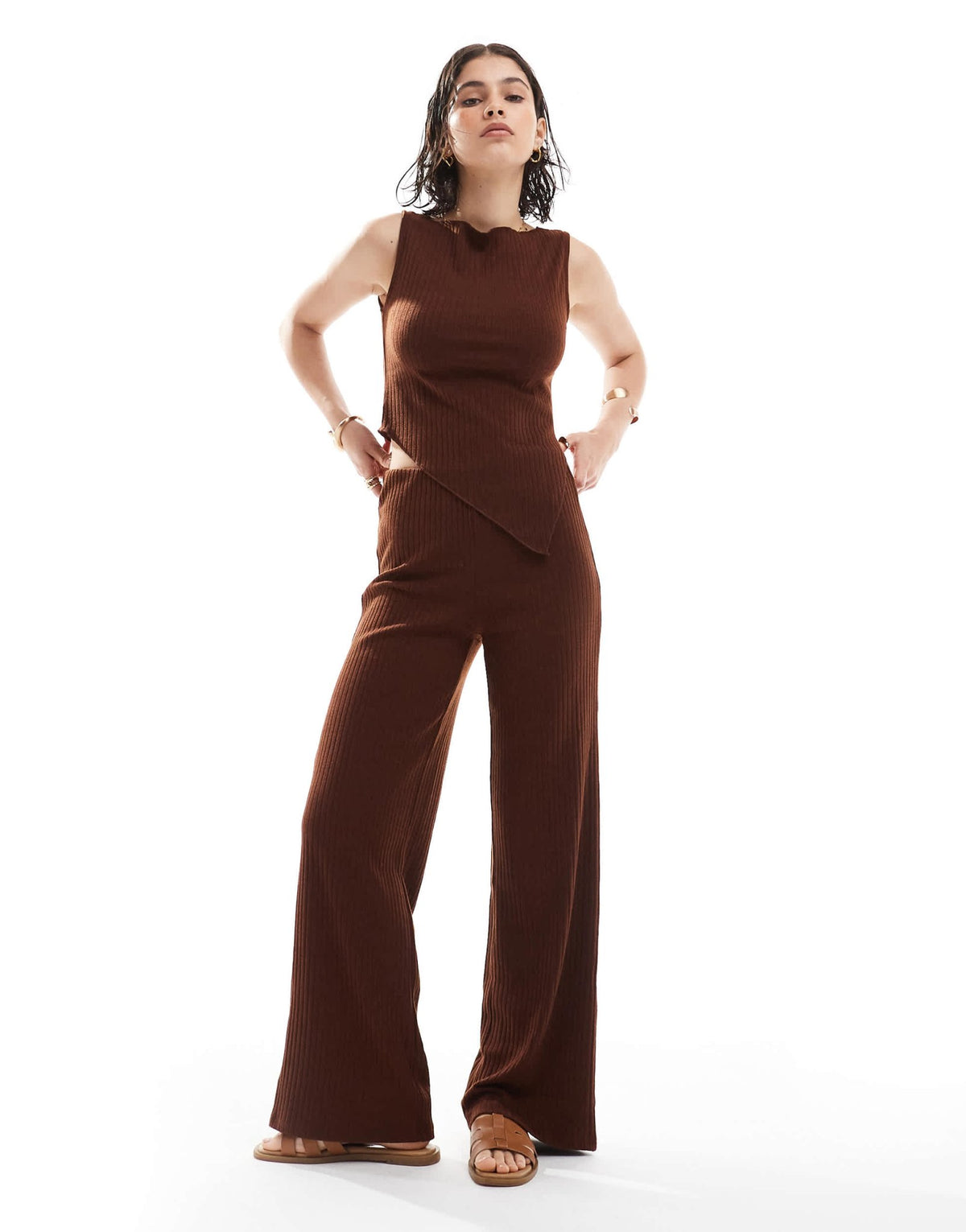 Vero Moda ribbed sleeveless asymmetic hem top co-ord in chocolate - ASOS Sample Sale