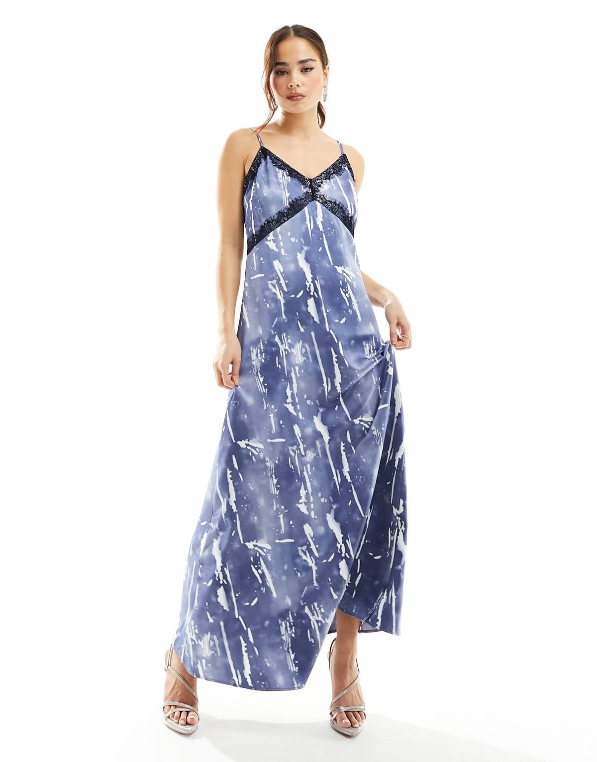 Vero Moda satin maxi slip dress with lace trim in blue crinkle print - ASOS Sample Sale