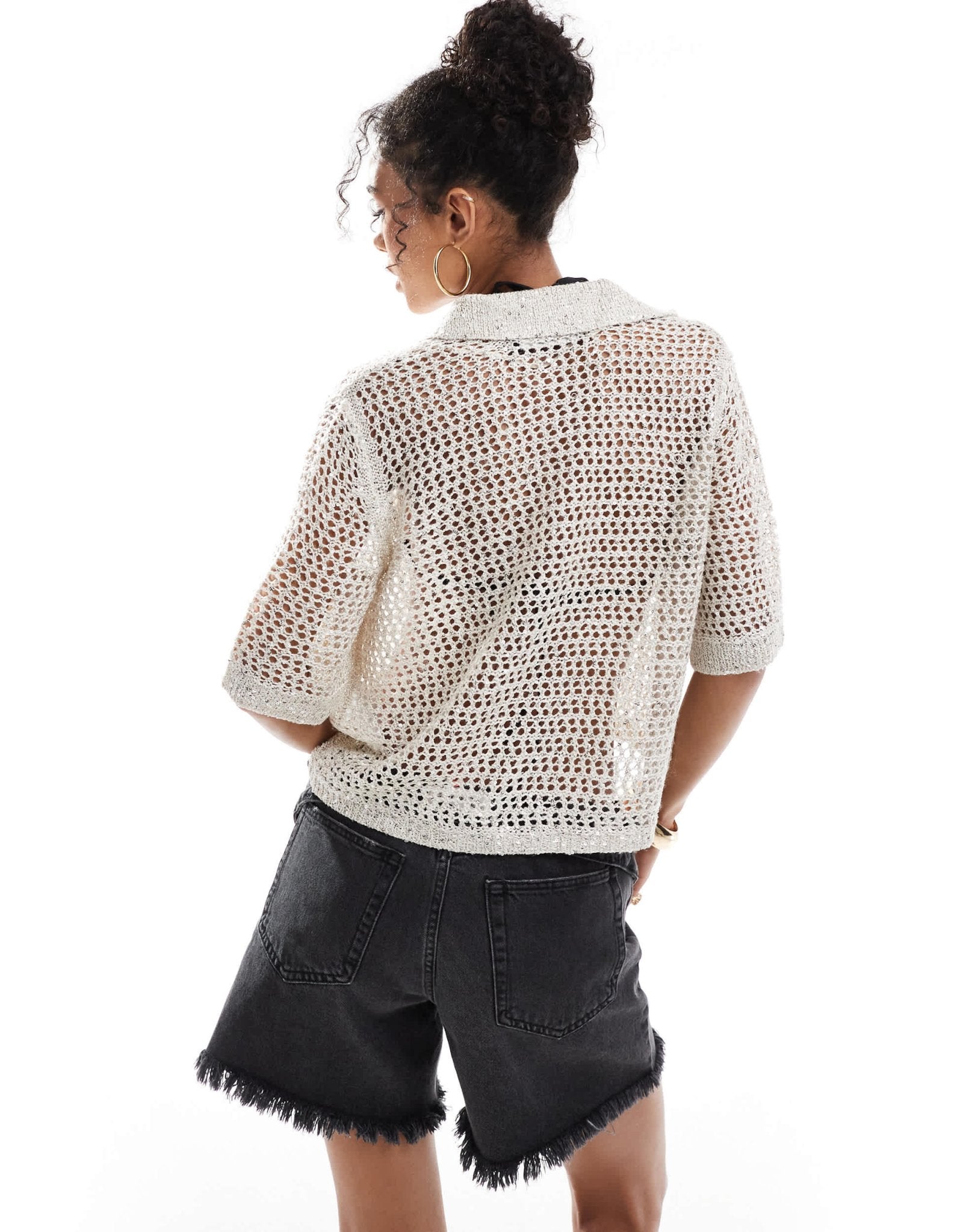 Vero Moda sequin open knit beach shirt in birch - ASOS Sample Sale