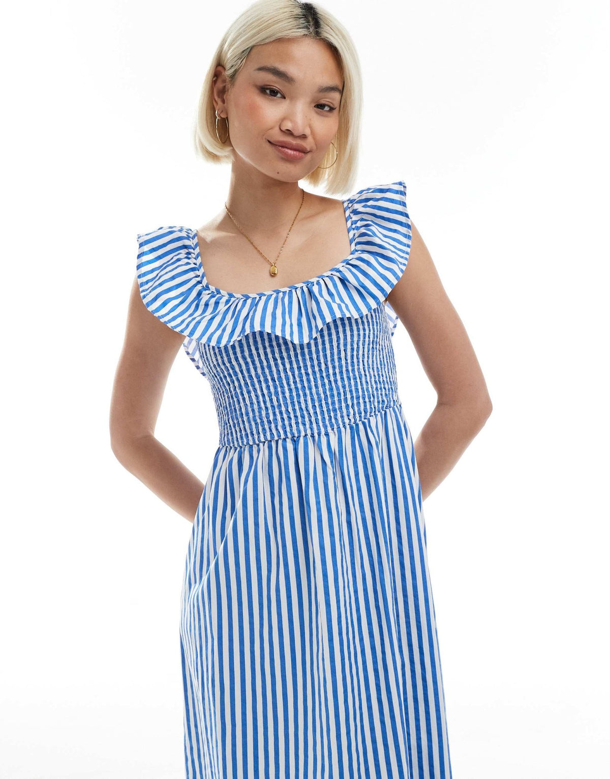 Vero Moda shirred bodice maxi dress with frill sleeve detail in blue & white stripe print - ASOS Sample Sale
