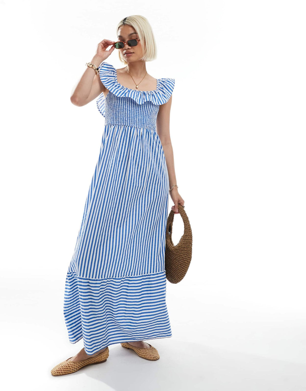 Vero Moda shirred bodice maxi dress with frill sleeve detail in blue & white stripe print - ASOS Sample Sale