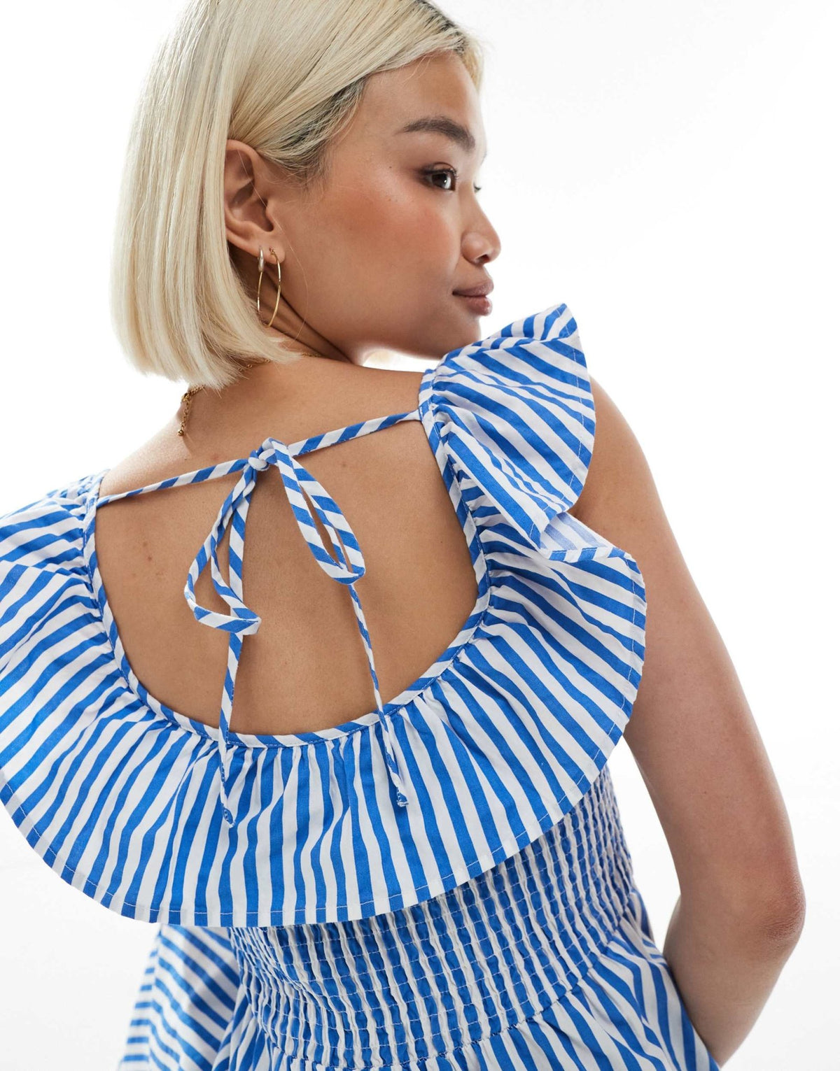 Vero Moda shirred bodice maxi dress with frill sleeve detail in blue & white stripe print - ASOS Sample Sale