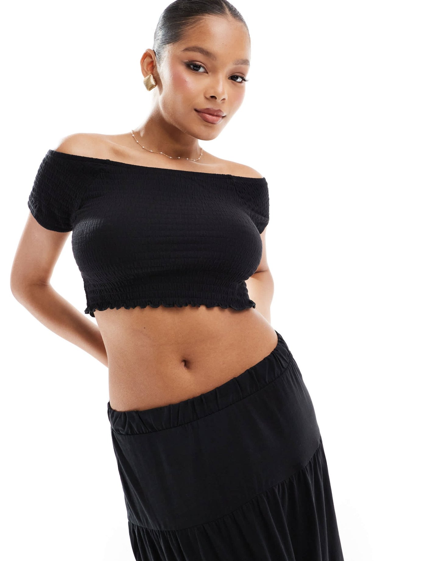 Vero Moda shirred lettuce edge cropped top co - ord in black - ASOS Sample Sale