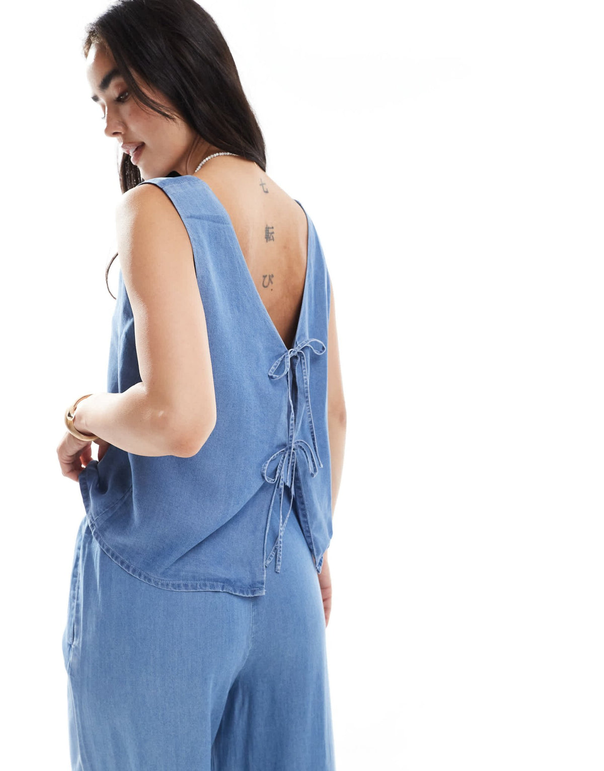 Vero Moda sleeveless tie front top co-ord in blue chambray - ASOS Sample Sale