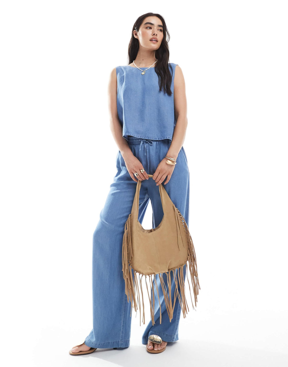 Vero Moda sleeveless tie front top co-ord in blue chambray - ASOS Sample Sale