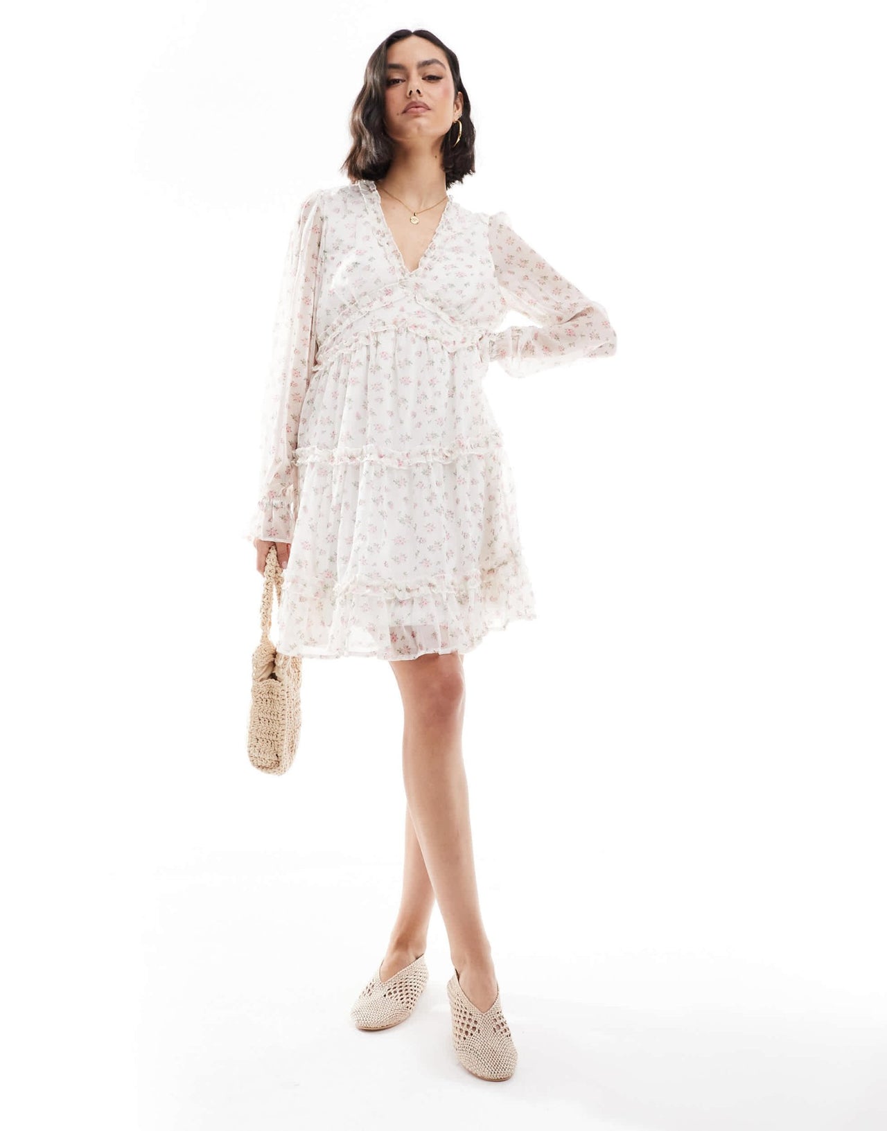 Vero Moda Smilla smock mini dress with ruffles in white ditsy print - ASOS Sample Sale