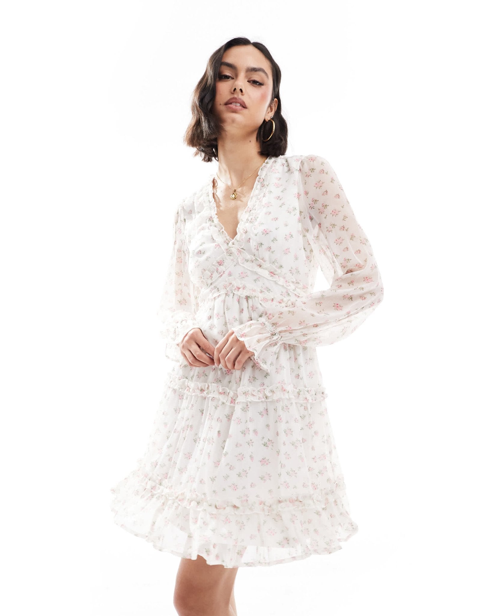 Vero Moda Smilla smock mini dress with ruffles in white ditsy print - ASOS Sample Sale