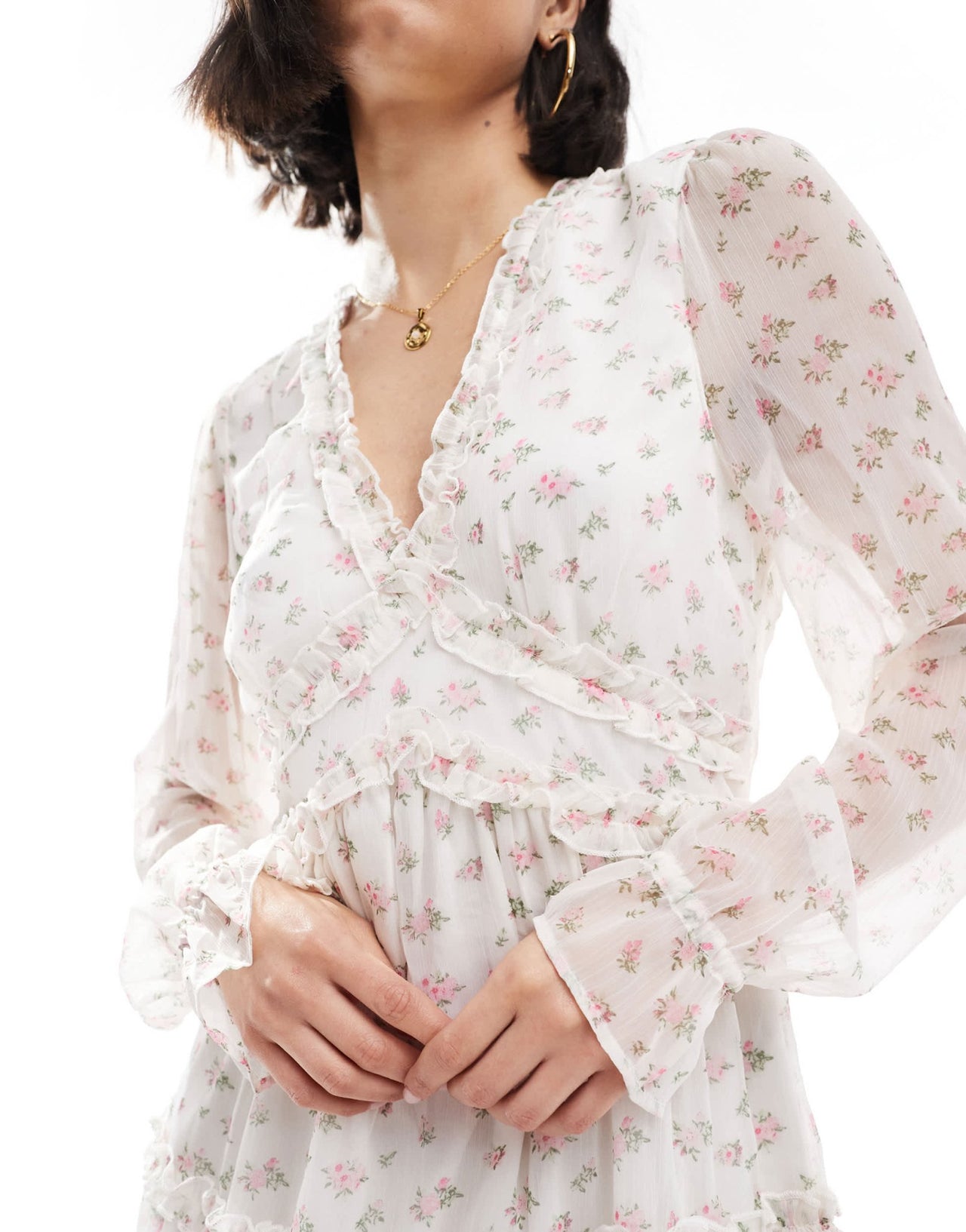 Vero Moda Smilla smock mini dress with ruffles in white ditsy print - ASOS Sample Sale