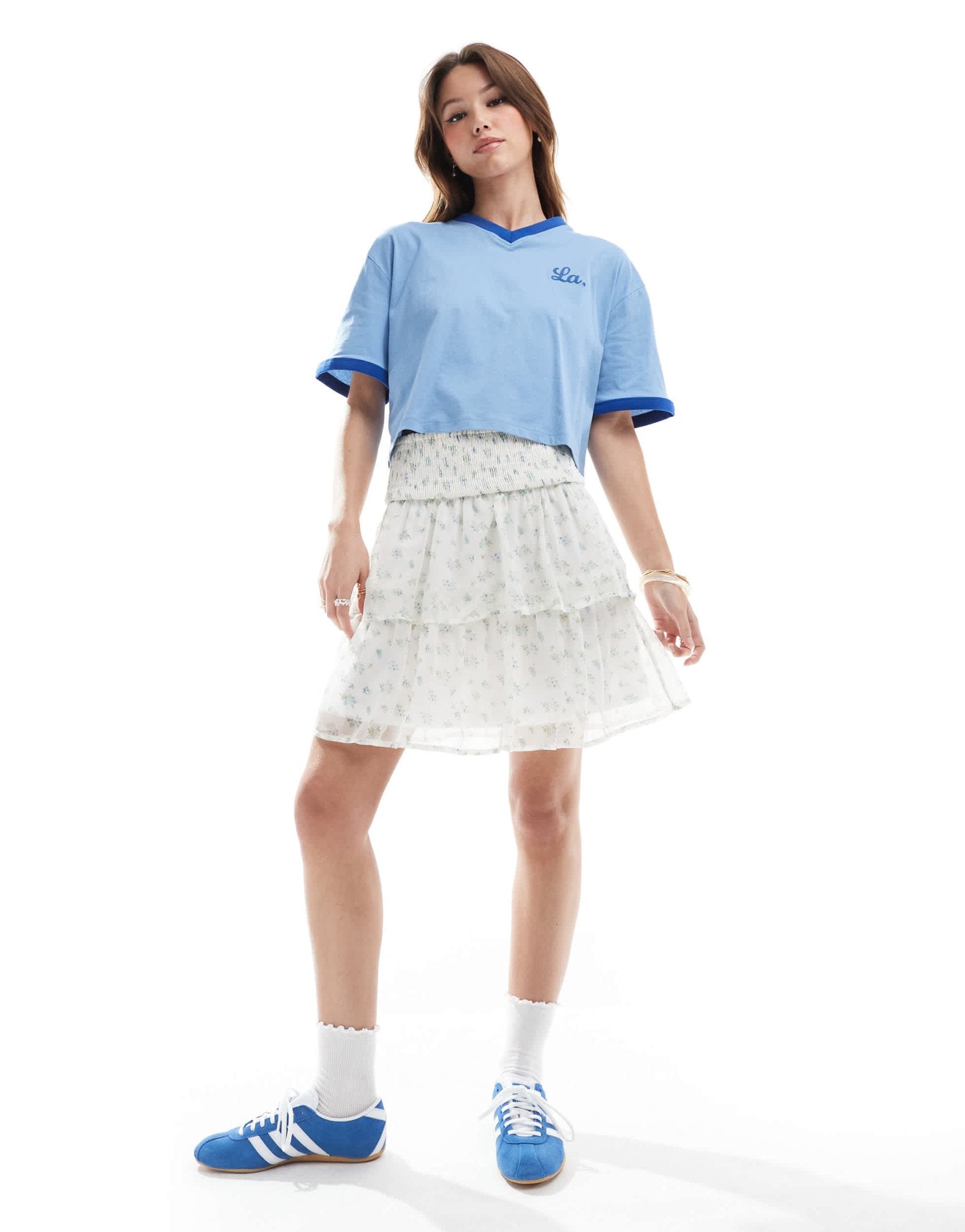 Vero Moda Smilla tiered mini skirt in blue ditsy floral - ASOS Sample Sale