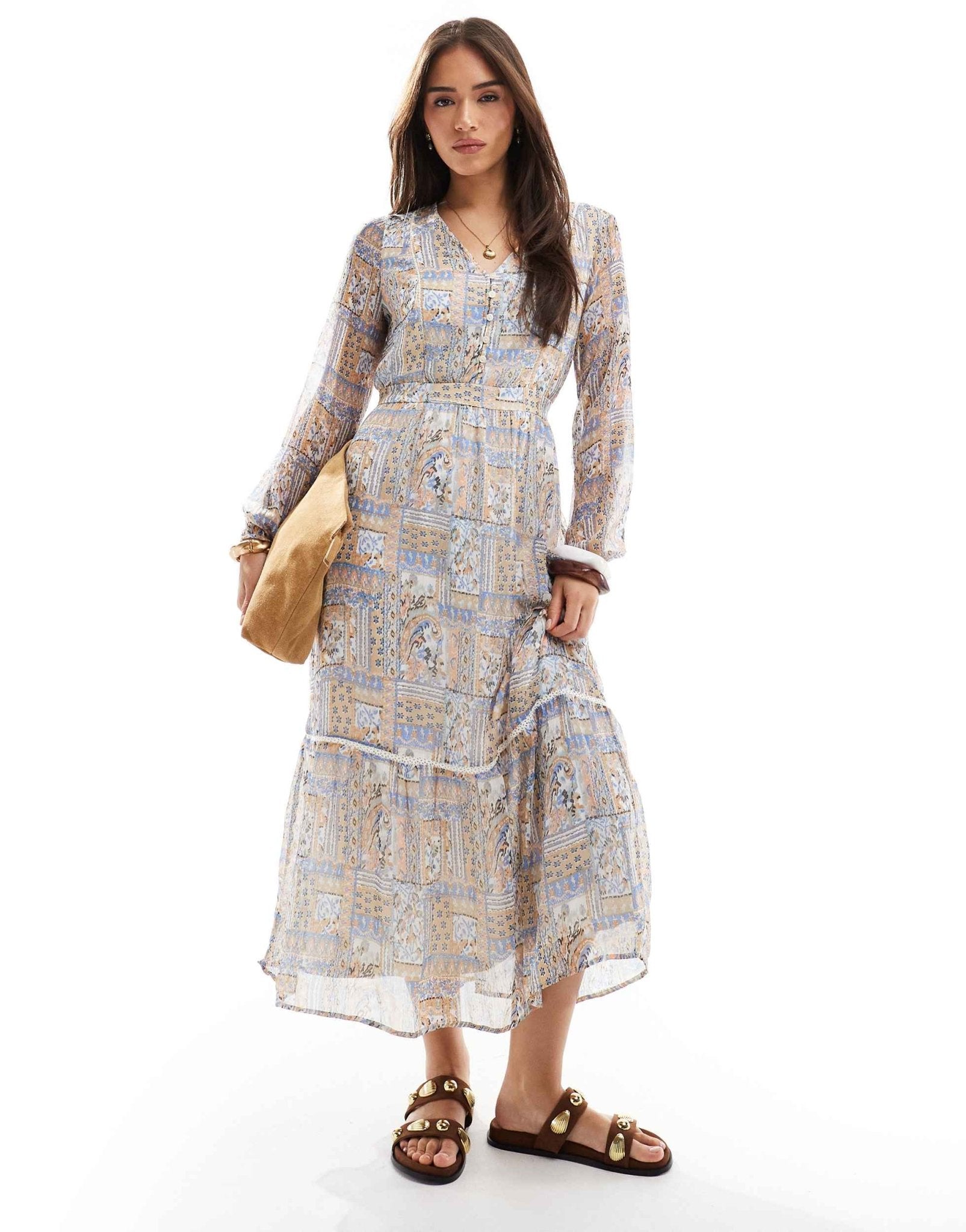 Vero Moda smock maxi dress in pink patchwork print - ASOS Sample Sale