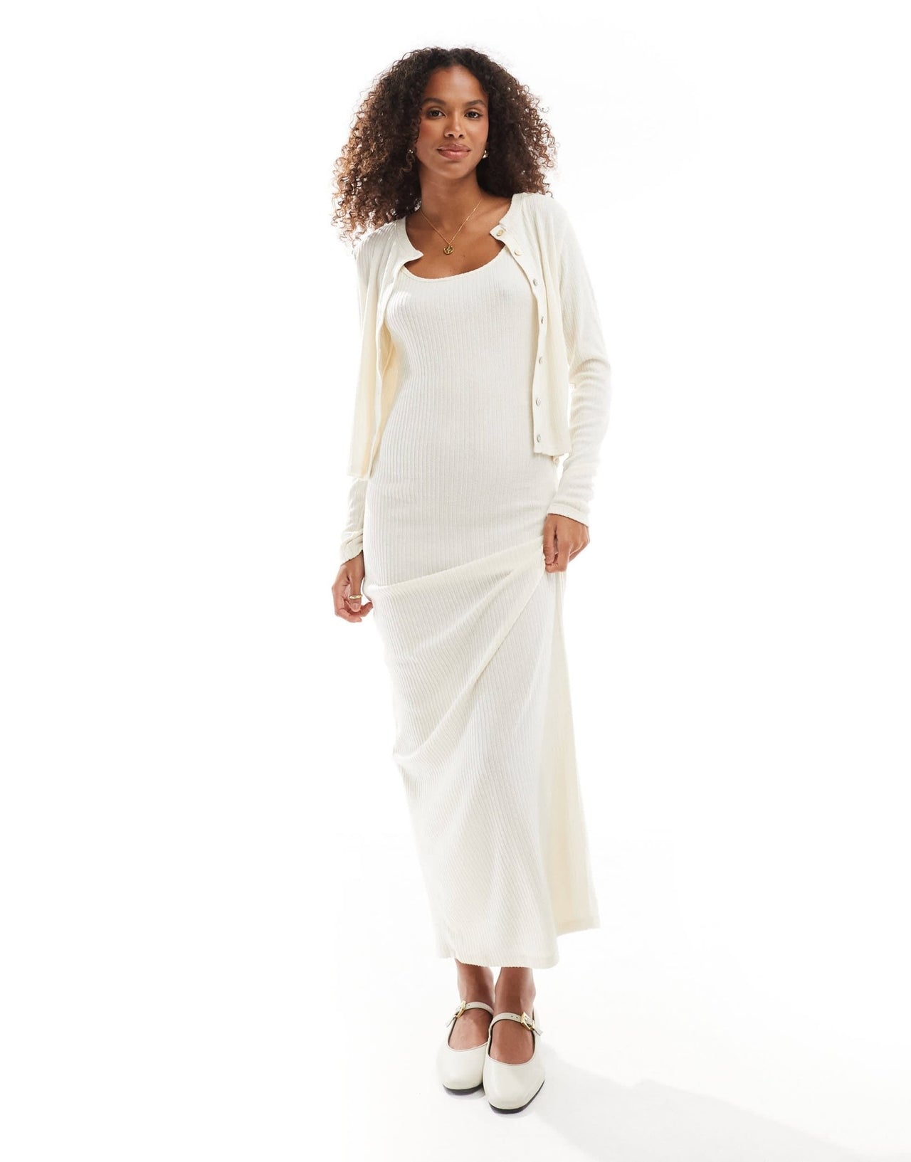Vero Moda soft ribbed cami ankle dress co - ord in cream melange - ASOS Sample Sale