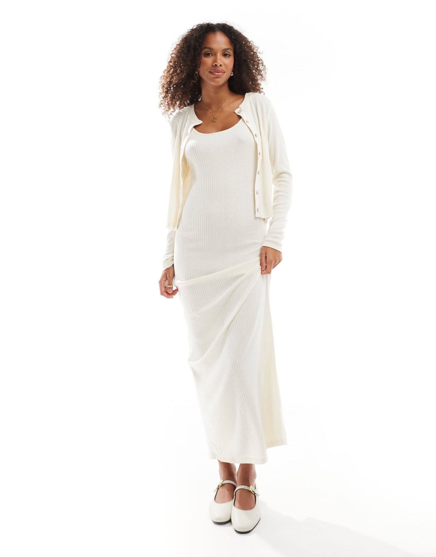 Vero Moda soft ribbed cami ankle dress co - ord in cream melange - ASOS Sample Sale