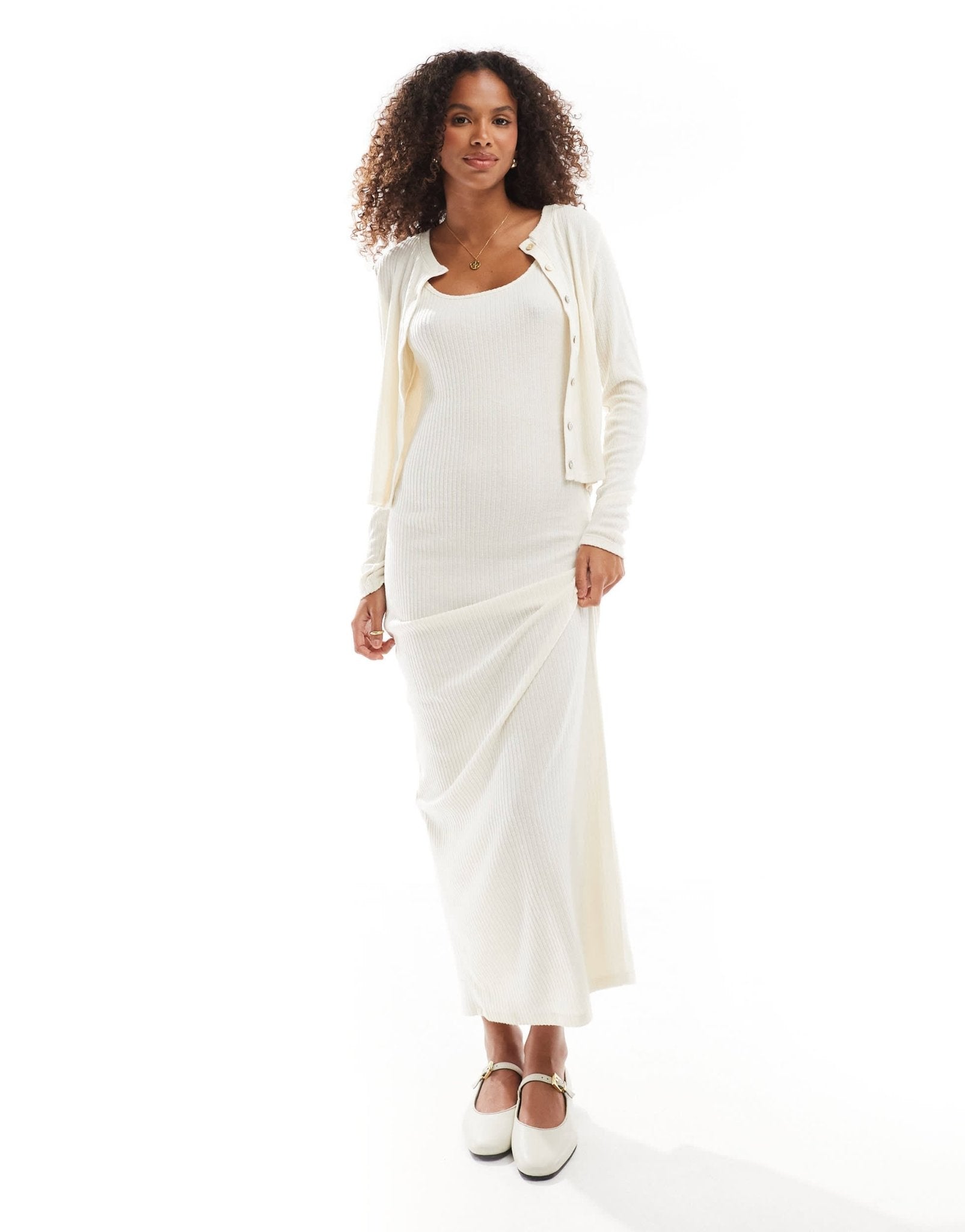 Vero Moda soft ribbed cami ankle dress co - ord in cream melange - ASOS Sample Sale