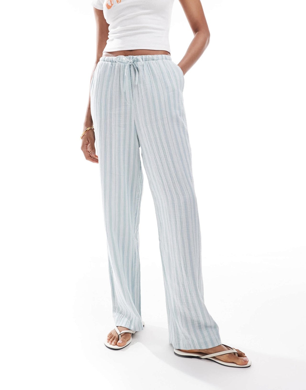 Vero Moda Tall cotton wide leg trousers in green stripe - ASOS Sample Sale
