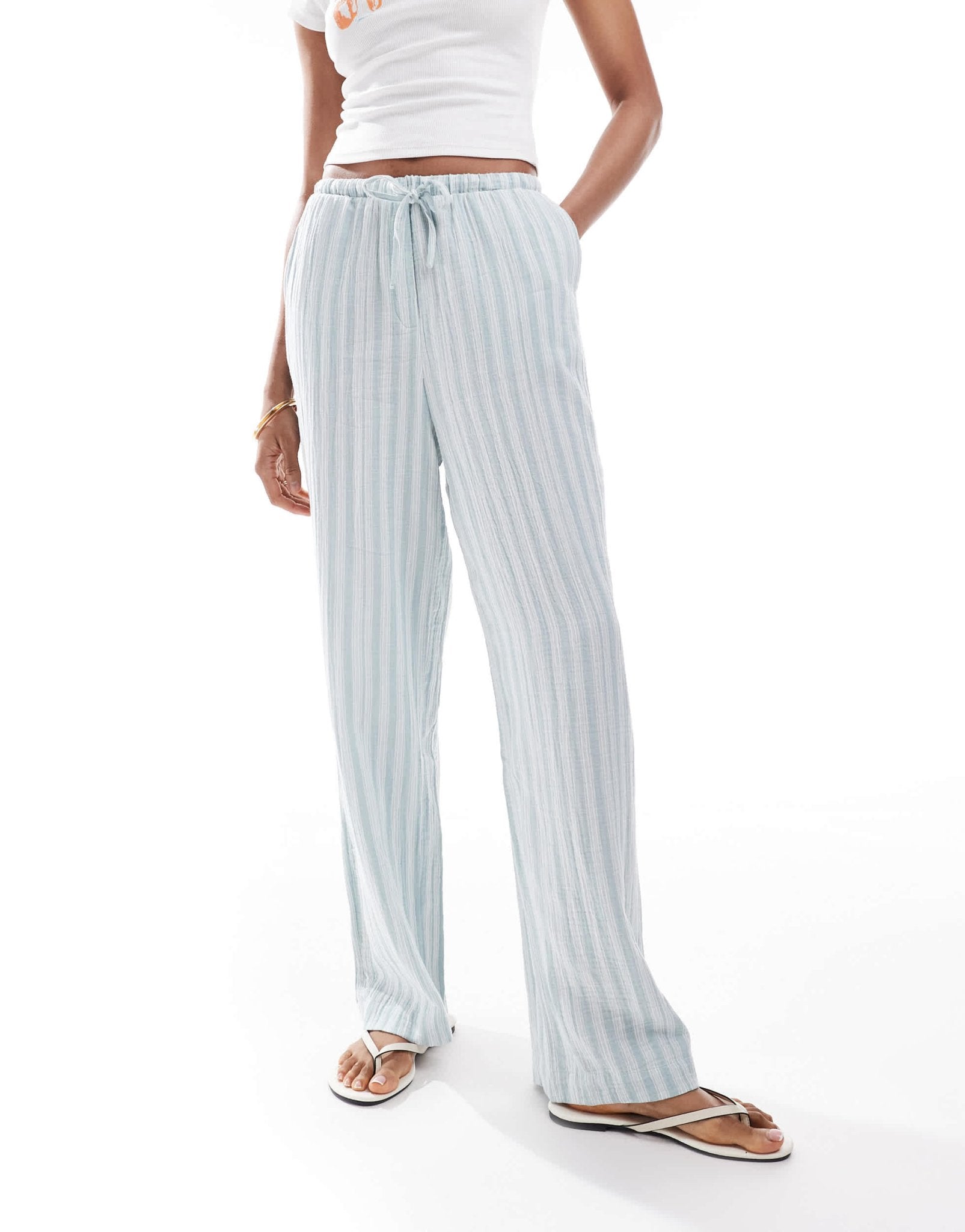 Vero Moda Tall cotton wide leg trousers in green stripe - ASOS Sample Sale