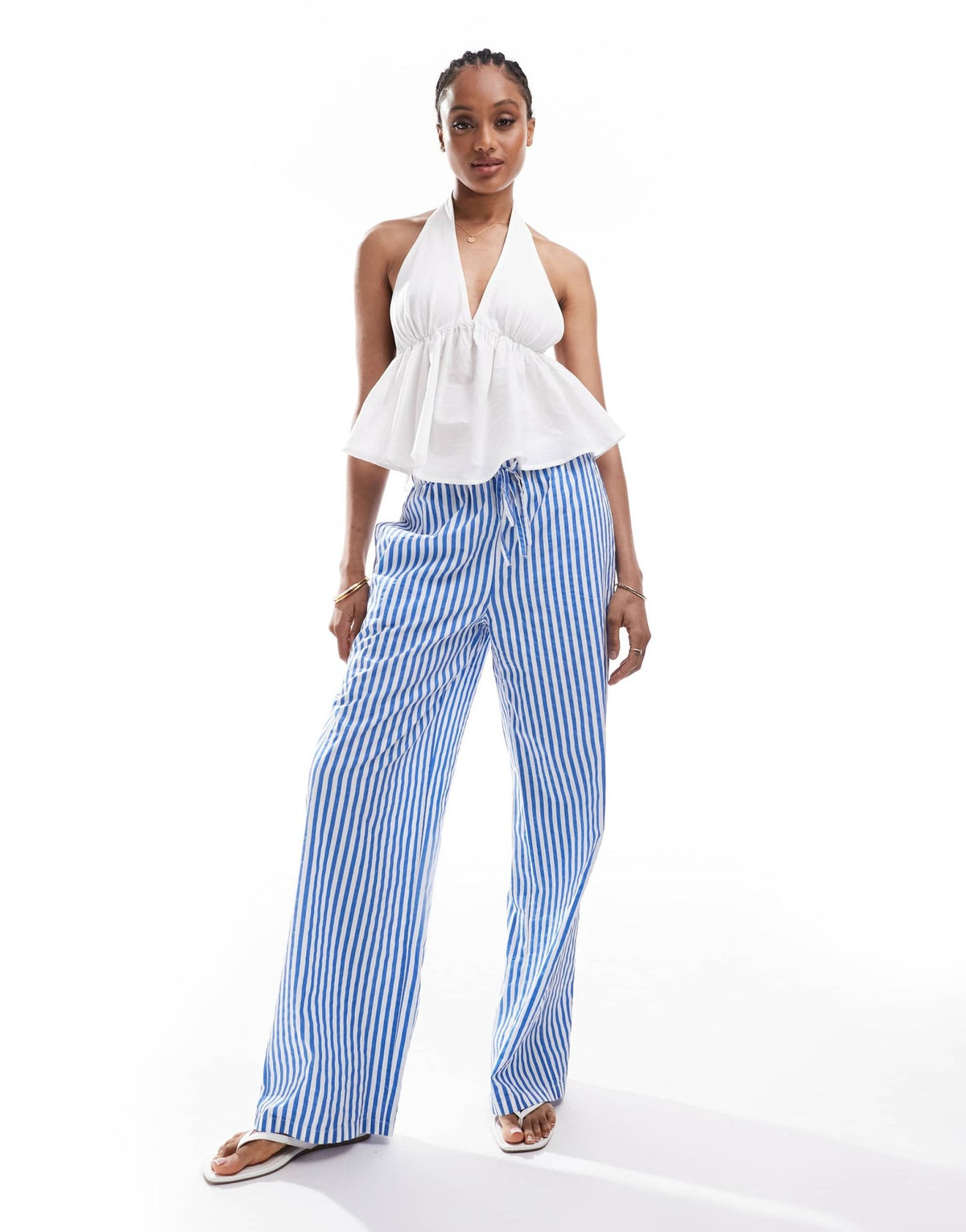 Vero Moda Tall double waistband detail wide leg trouser in blue stripe - ASOS Sample Sale