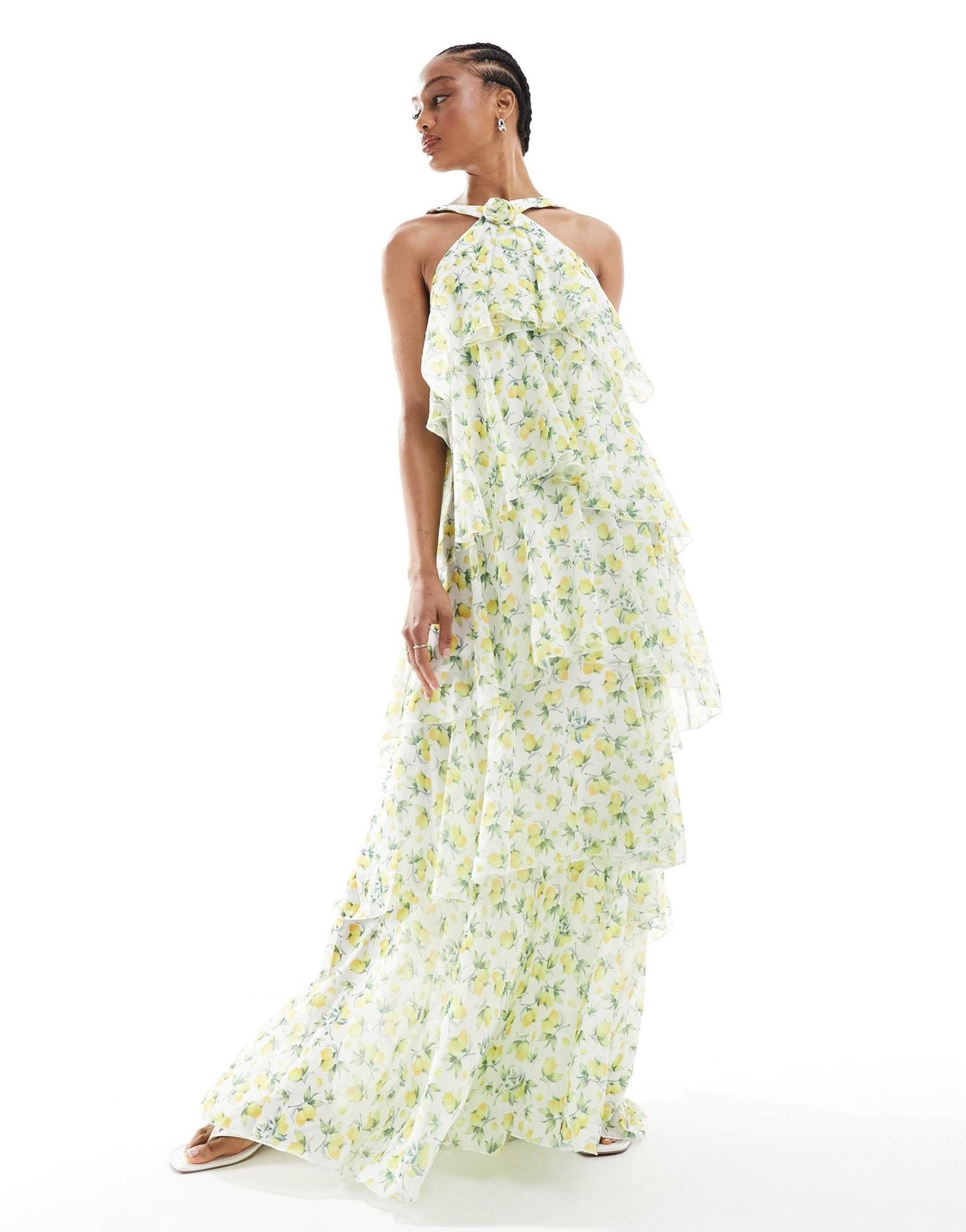 Vero Moda Tall Felicia halter neck tiered maxi dress with corsage detail in lemon print - ASOS Sample Sale