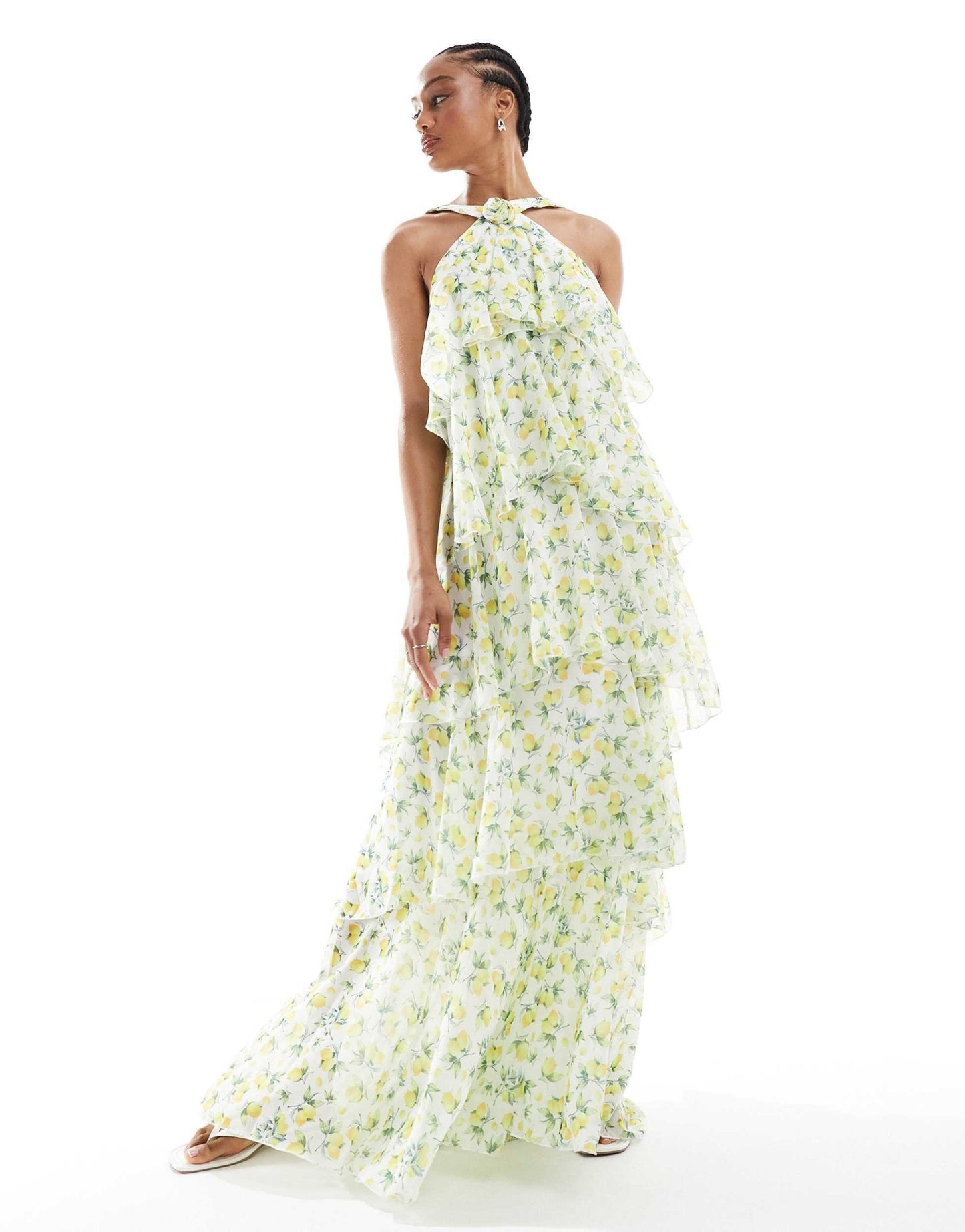 Vero Moda Tall Felicia halter neck tiered maxi dress with corsage detail in lemon print - ASOS Sample Sale