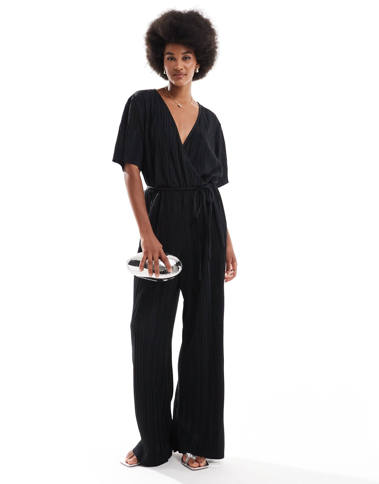 Vero Moda Tall plisse wrap front jumpsuit in black - ASOS Sample Sale