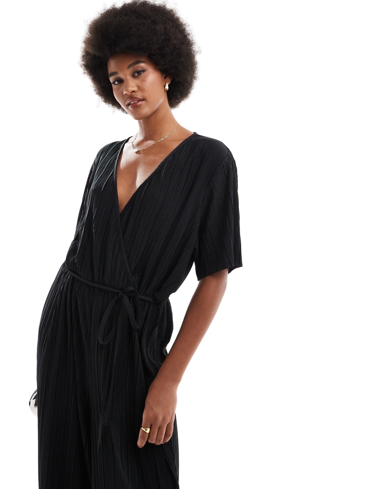 Vero Moda Tall plisse wrap front jumpsuit in black - ASOS Sample Sale