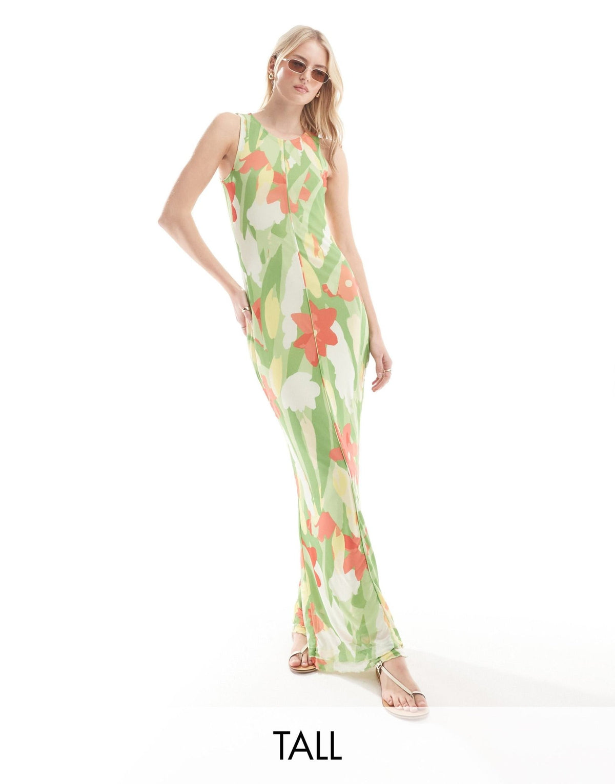 Vero Moda Tall sleeveless lettuce edge mesh dress in green floral print - ASOS Sample Sale