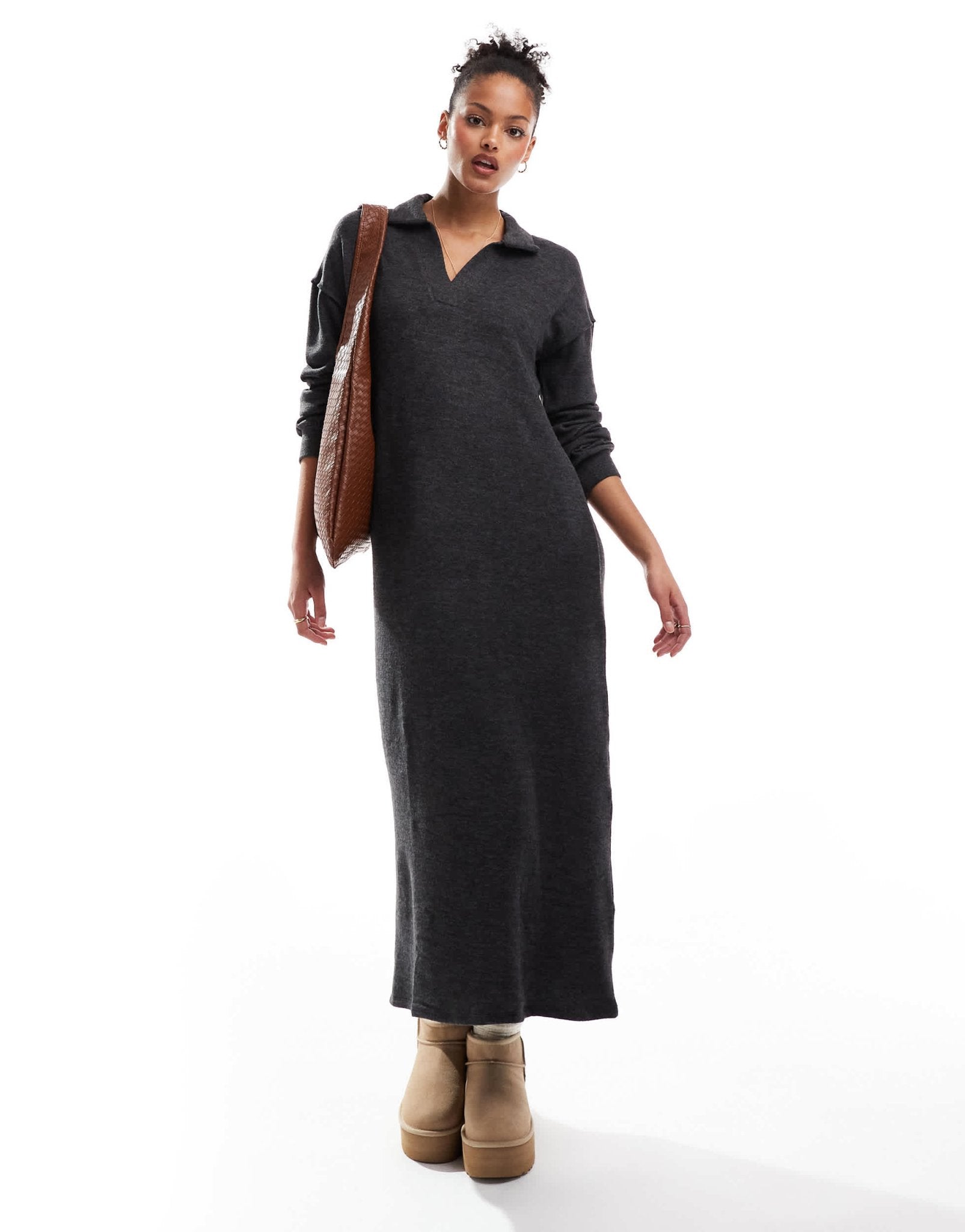 Vero Moda Tall supersoft polo neck ankle dress in black melange - ASOS Sample Sale
