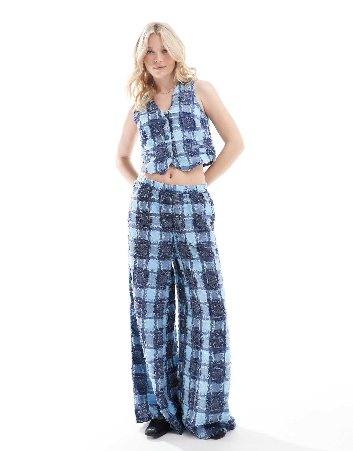 Vero Moda textured check cropped vest co - ord in blue denim mix - ASOS Sample Sale
