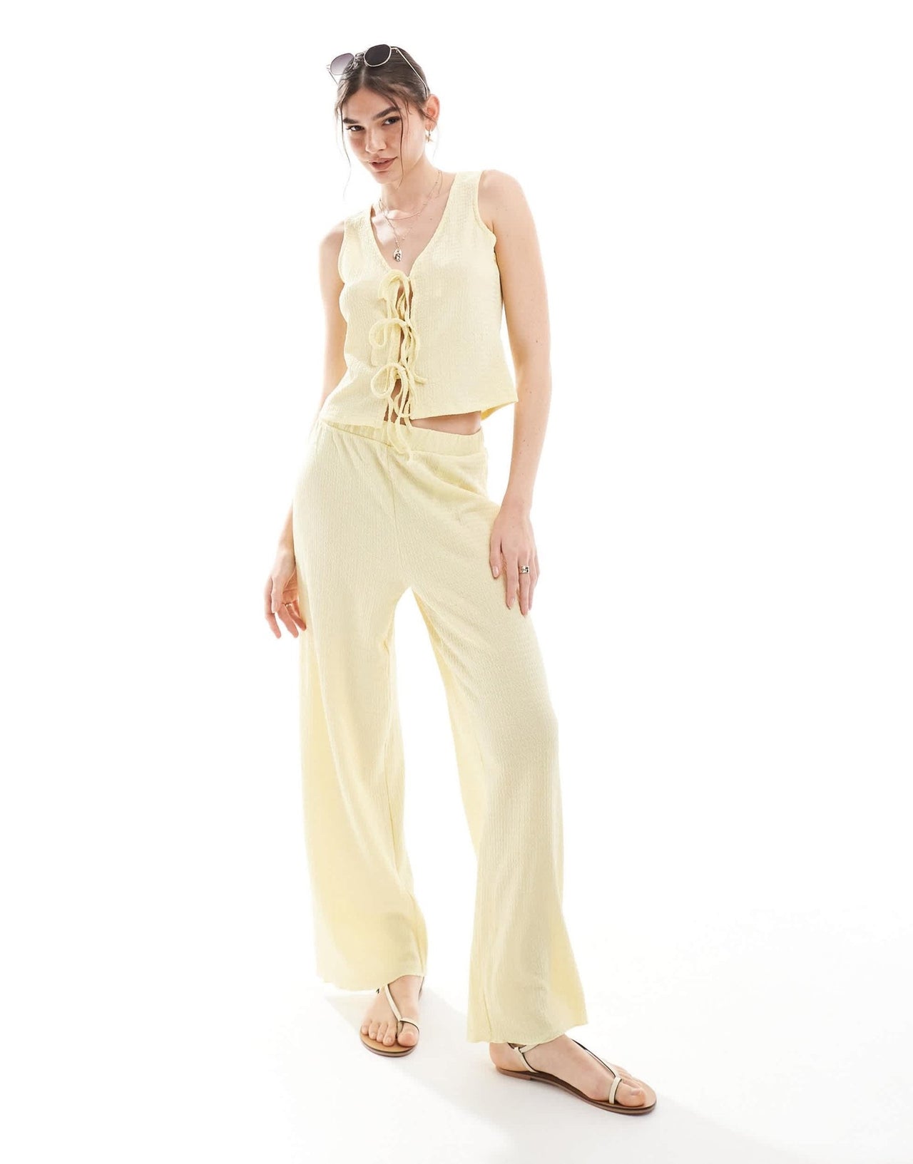 Vero Moda textured jersey tie - front top co - ord in pale lemon - ASOS Sample Sale