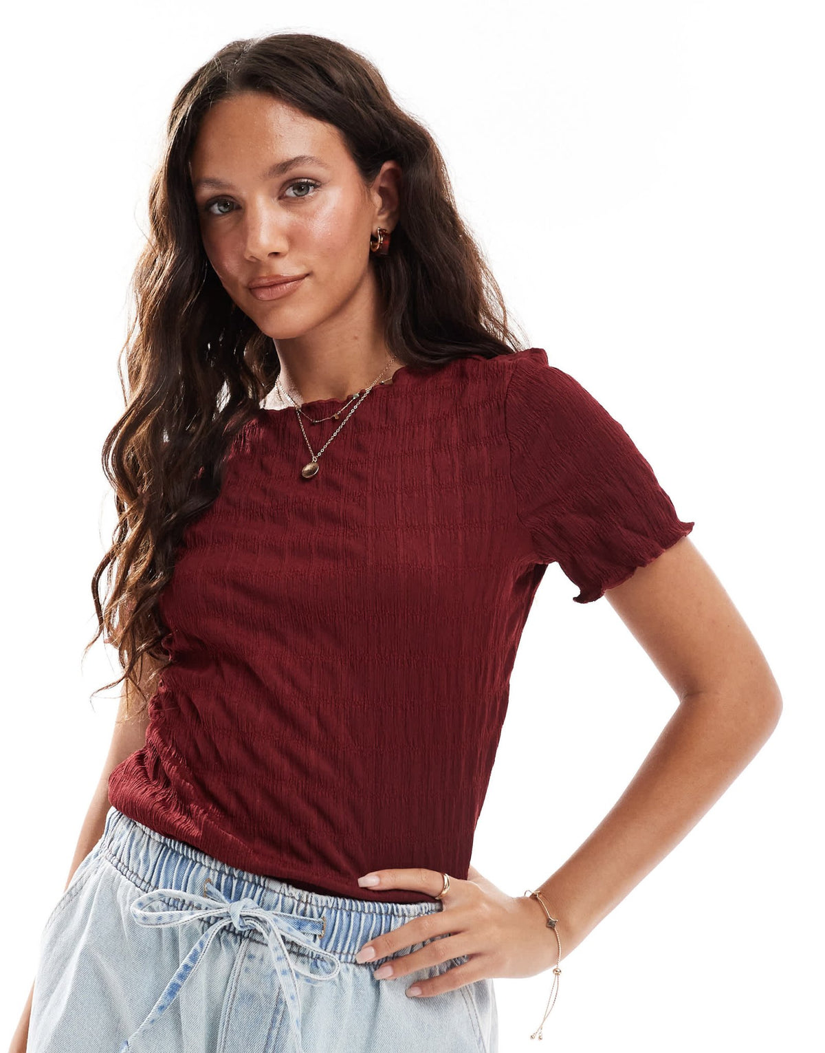 Vero Moda textured short sleeve t-shirt in burgundy - ASOS Sample Sale