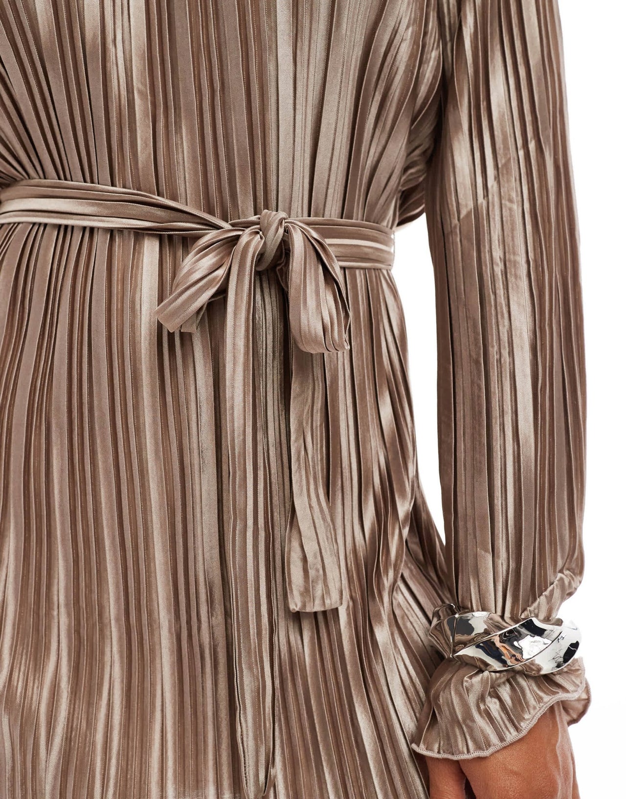 Vero Moda tie waist plisse mini dress in gold - ASOS Sample Sale