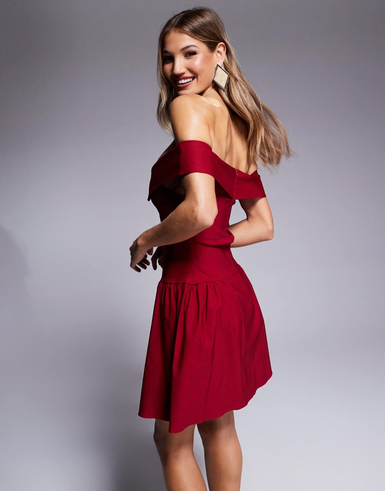 Vesper bengaline bardot foldover skater mini dress in burgundy - ASOS Sample Sale
