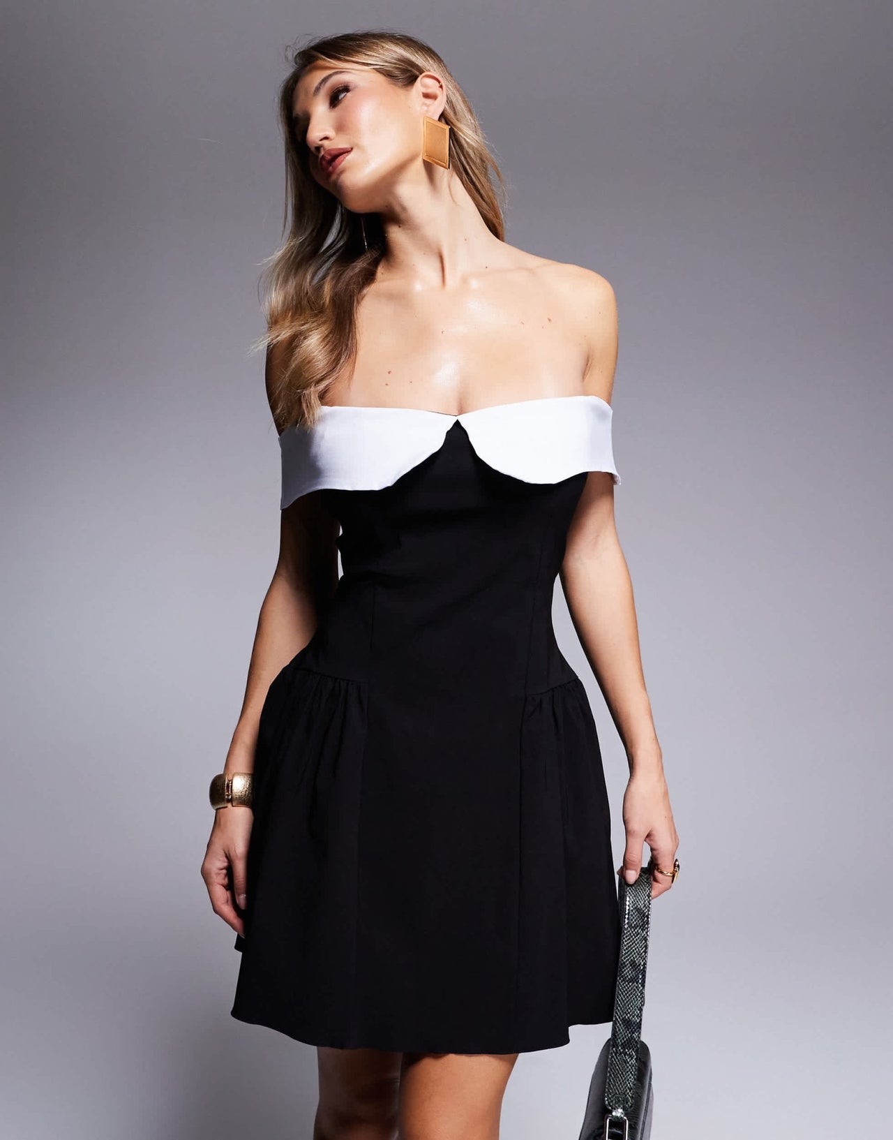 Vesper bengaline bardot foldover skater mini dress in mono - ASOS Sample Sale