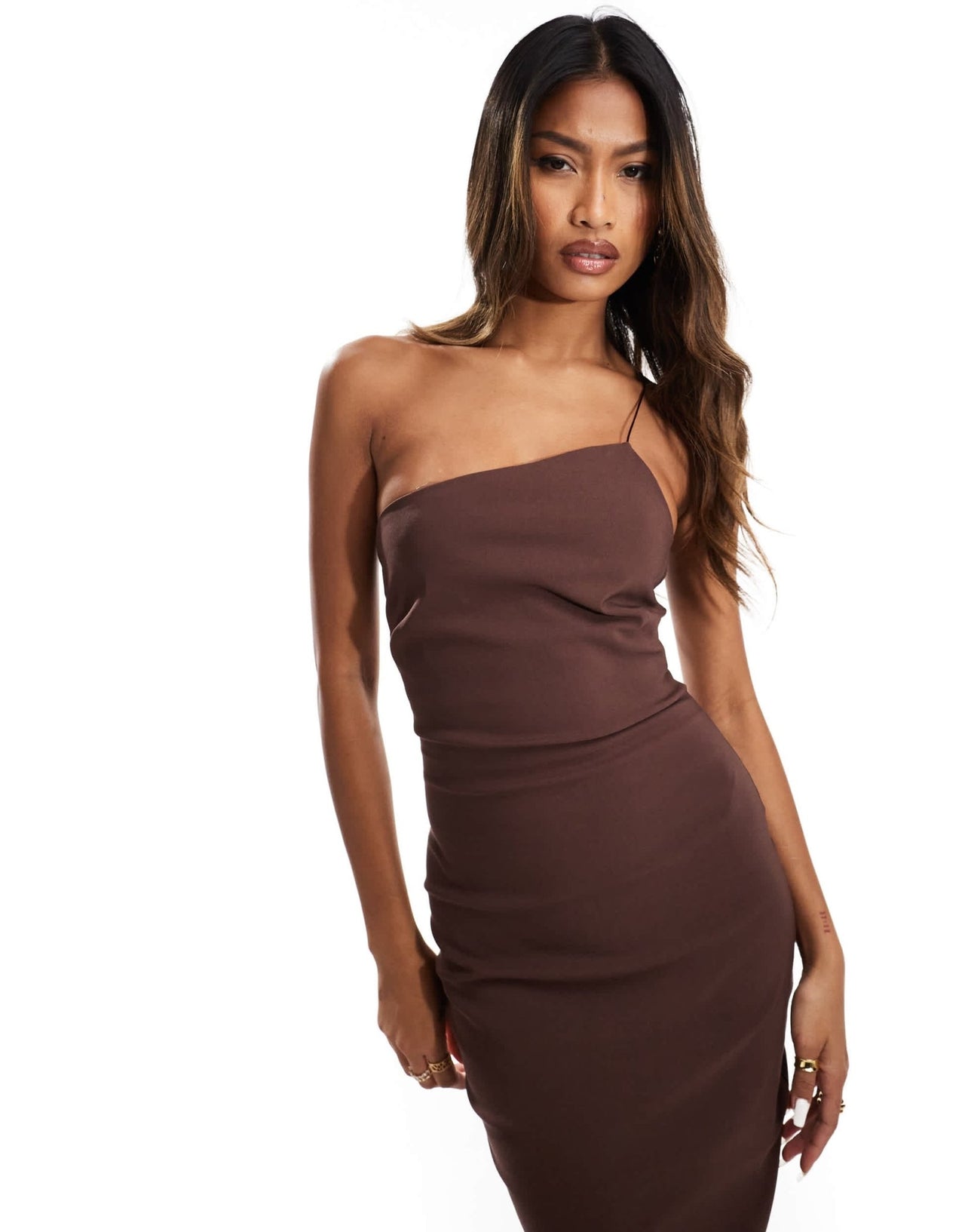 Vesper bengaline exclusive asymmetric one shoulder midi dress in chocolate - ASOS Sample Sale