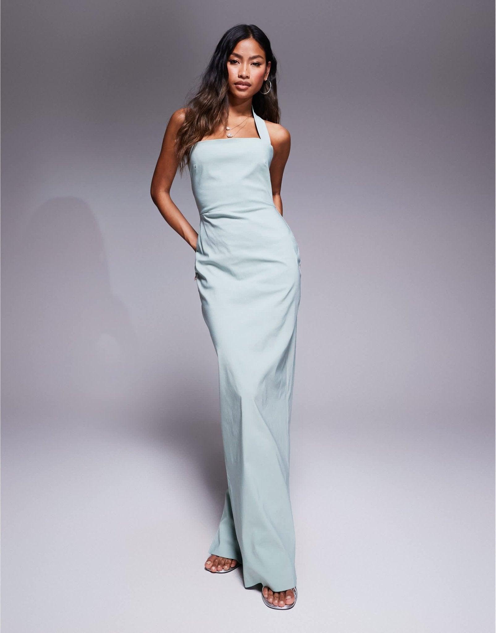 Vesper bengaline halterneck strap bodycon maxi dress in sage - ASOS Sample Sale