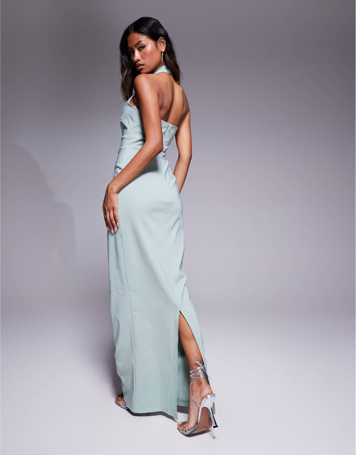 Vesper bengaline halterneck strap bodycon maxi dress in sage - ASOS Sample Sale
