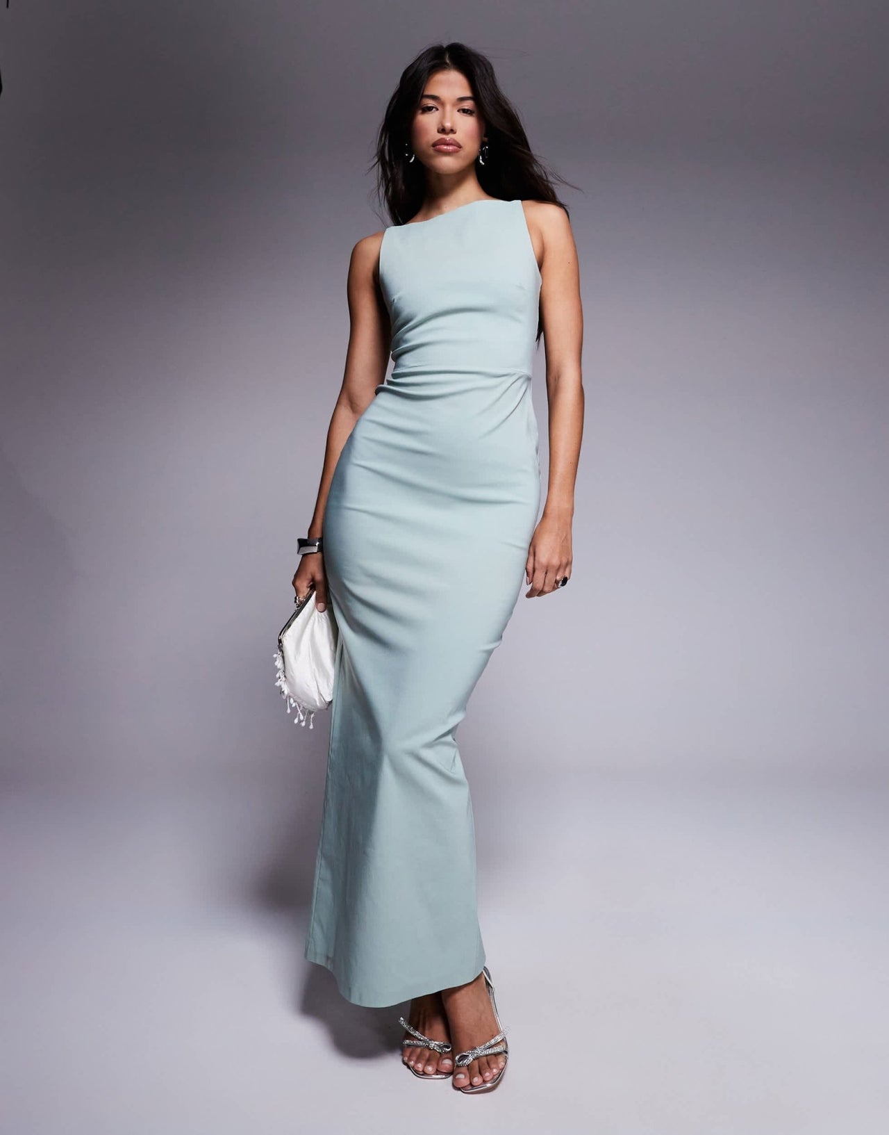 Vesper bengaline high neck open back maxi dress in sage - ASOS Sample Sale