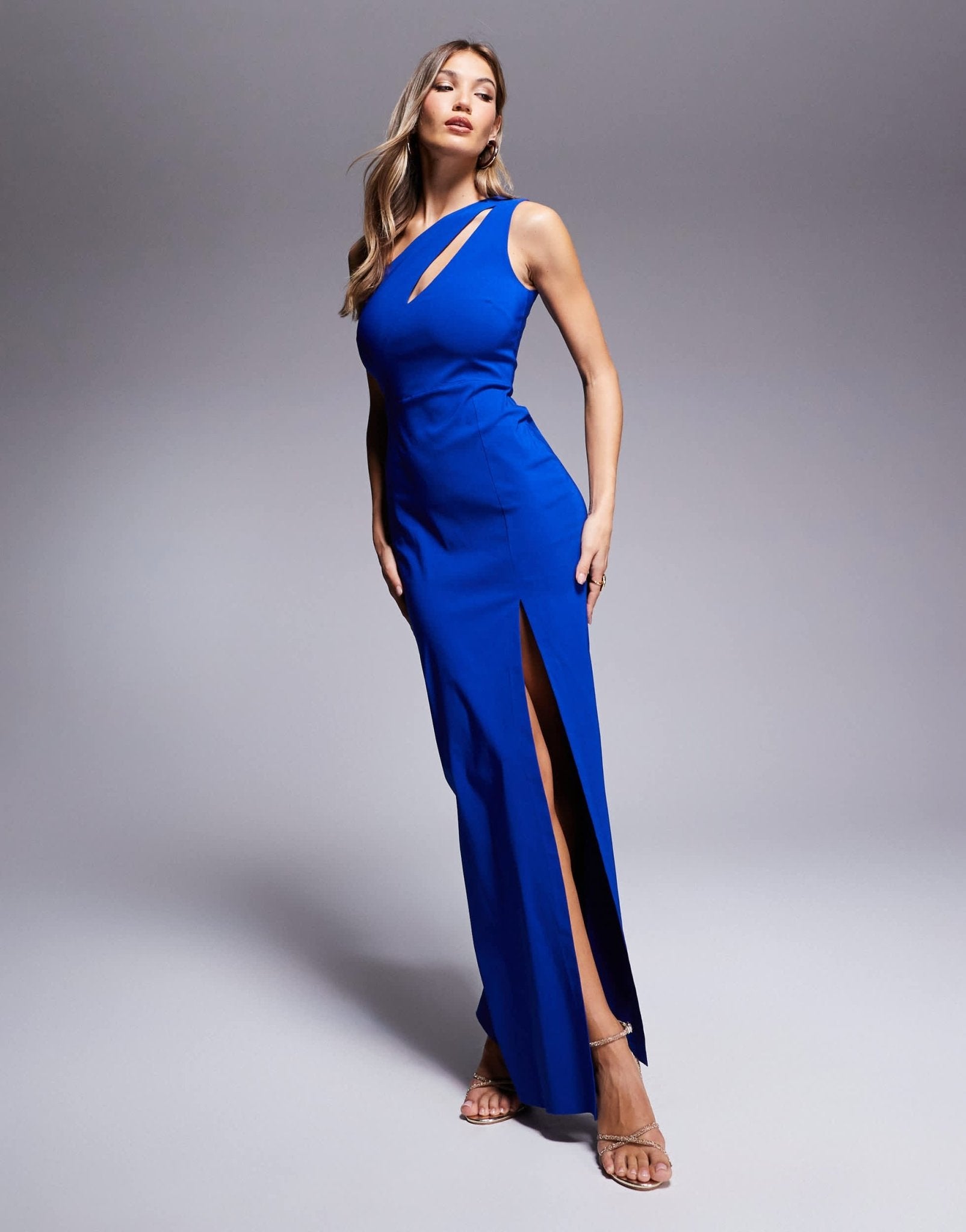 Vesper bengaline one shoulder cut out detail front split maxi dress in cobalt - ASOS Sample Sale