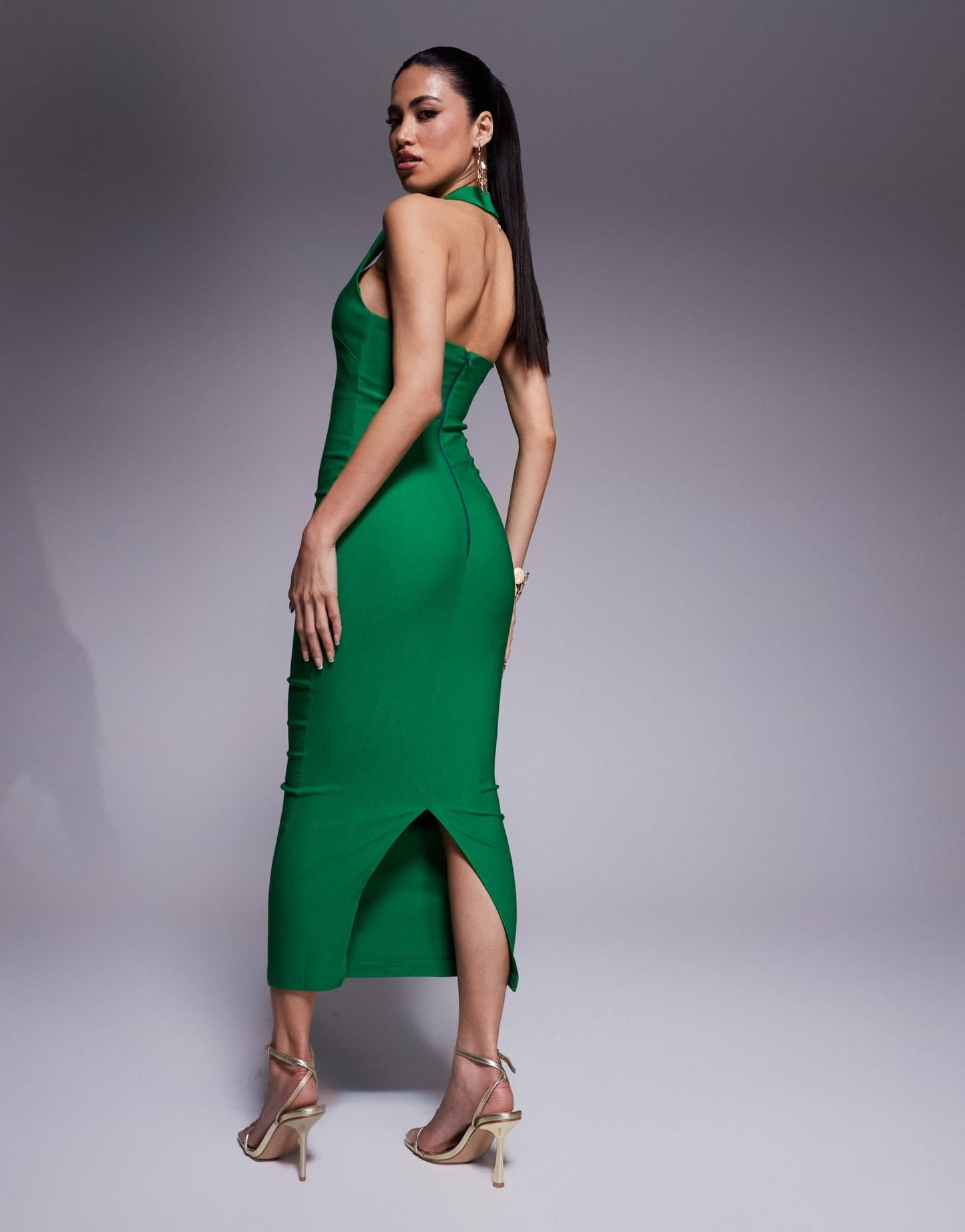 Vesper bengaline scoop neck halterneck bodycon midaxi dress in emerald green - ASOS Sample Sale