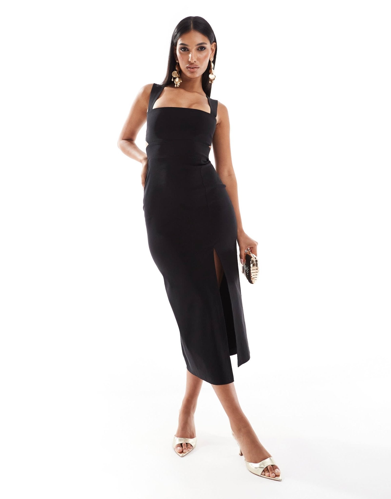 Vesper bengaline square neck cut out midaxi dress in black - ASOS Sample Sale
