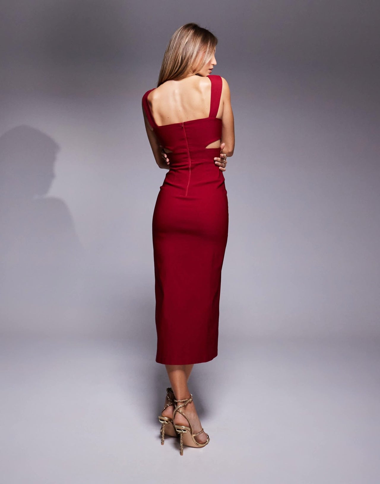 Vesper bengaline square neck cut out midaxi dress with thigh split in burgundy - ASOS Sample Sale
