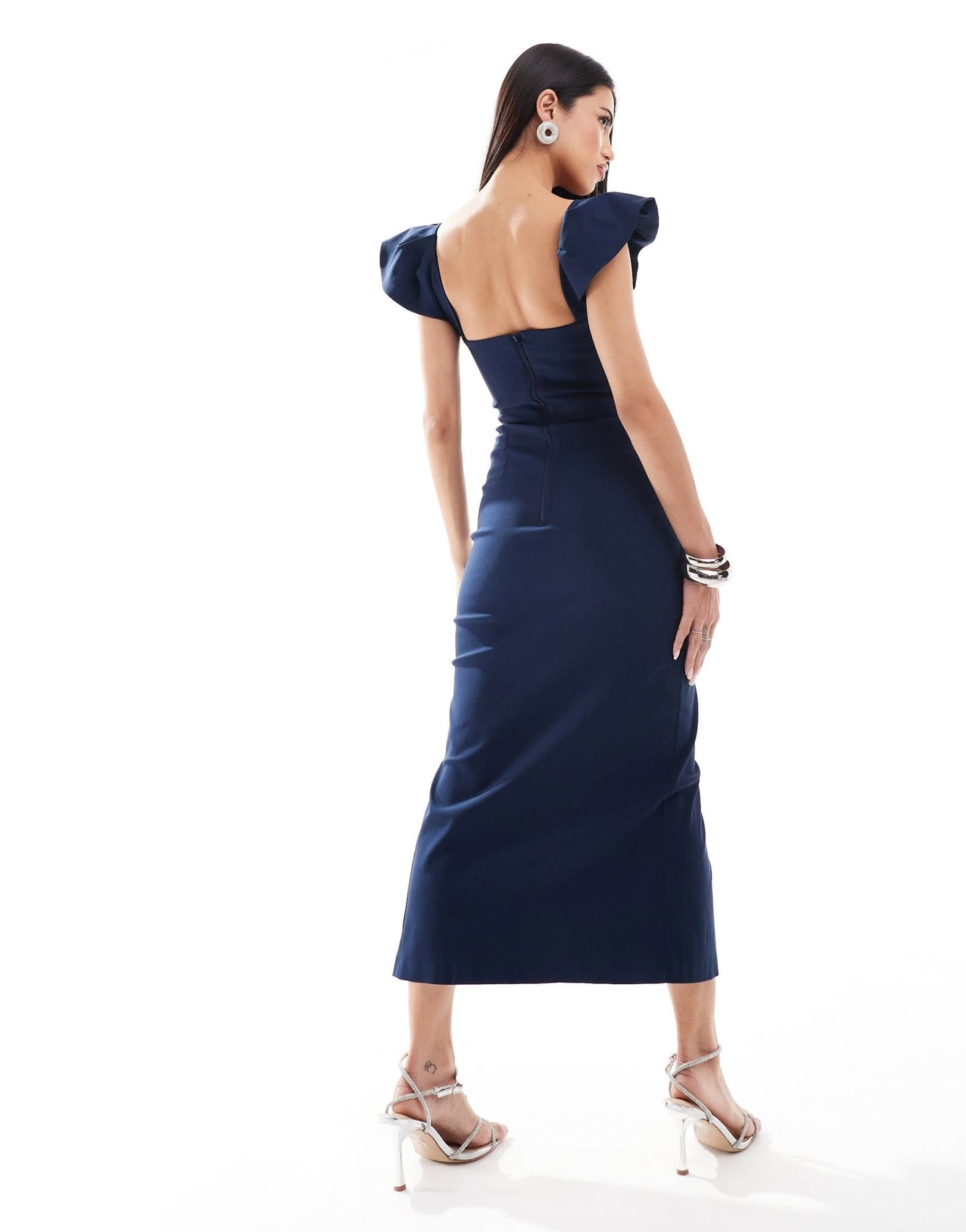 Vesper bengaline square neck ruffle sleeve side split midaxi dress in navy - ASOS Sample Sale