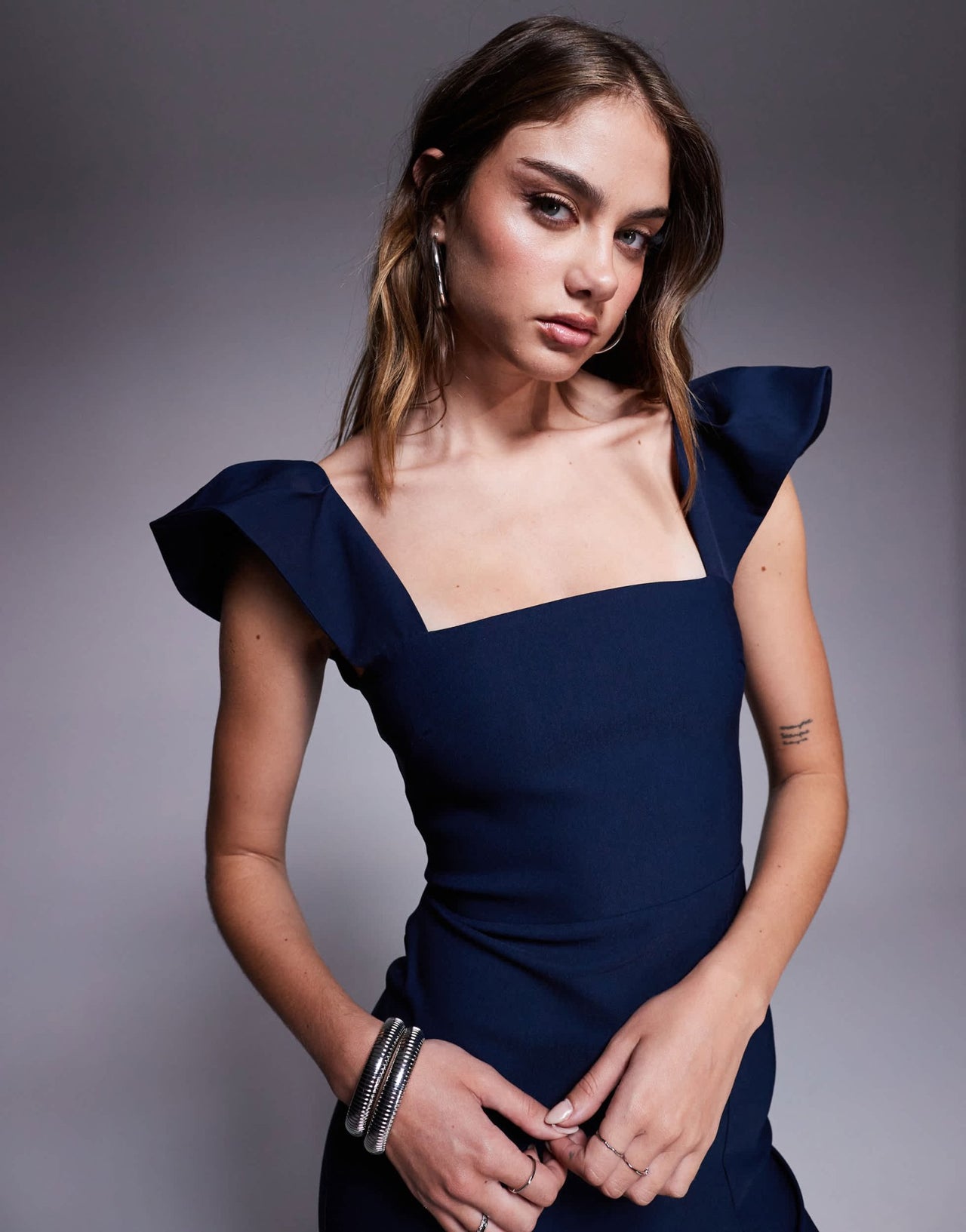 Vesper bengaline square neck ruffle sleeve side split midaxi dress in navy - ASOS Sample Sale