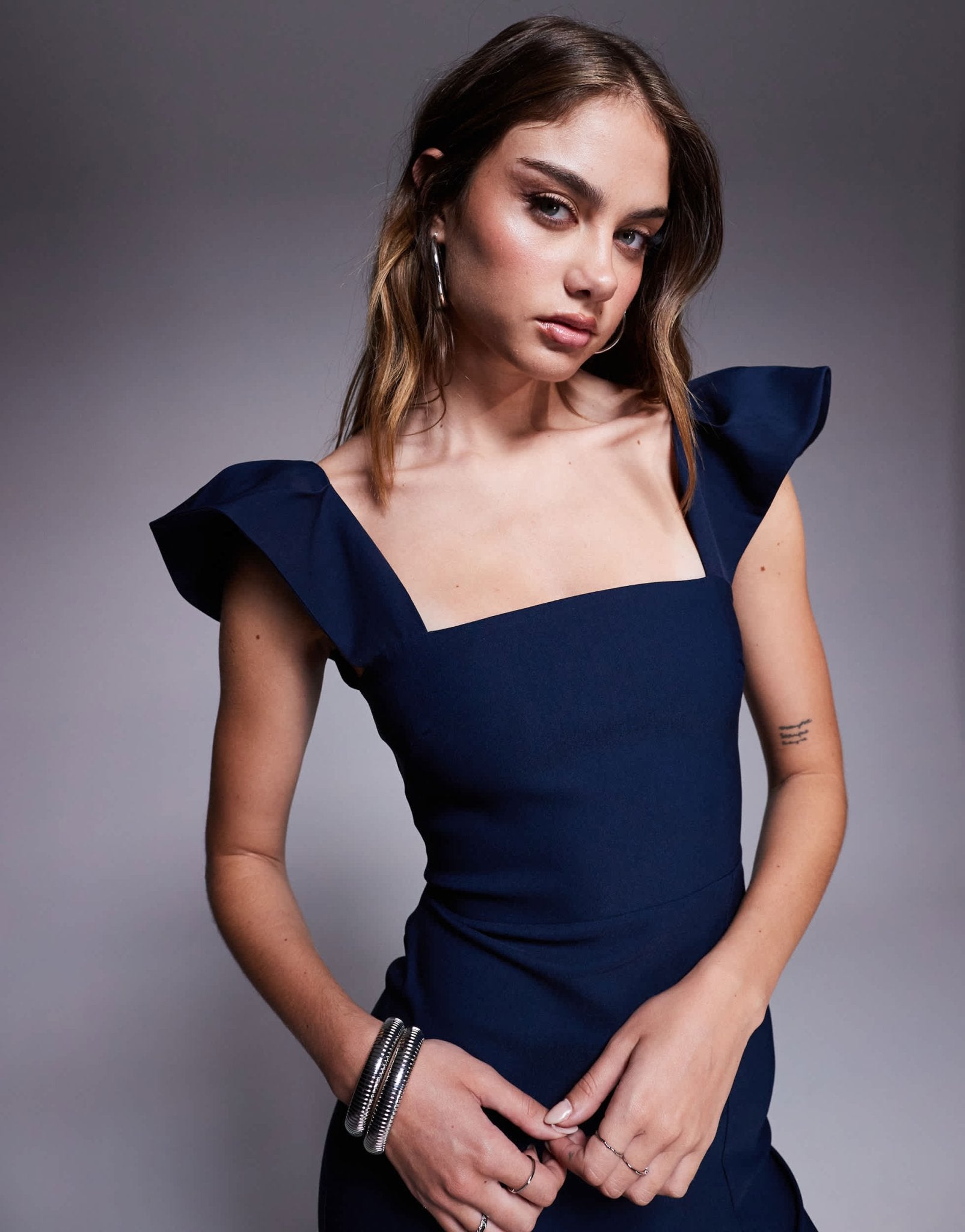 Vesper bengaline square neck ruffle sleeve side split midaxi dress in navy - ASOS Sample Sale