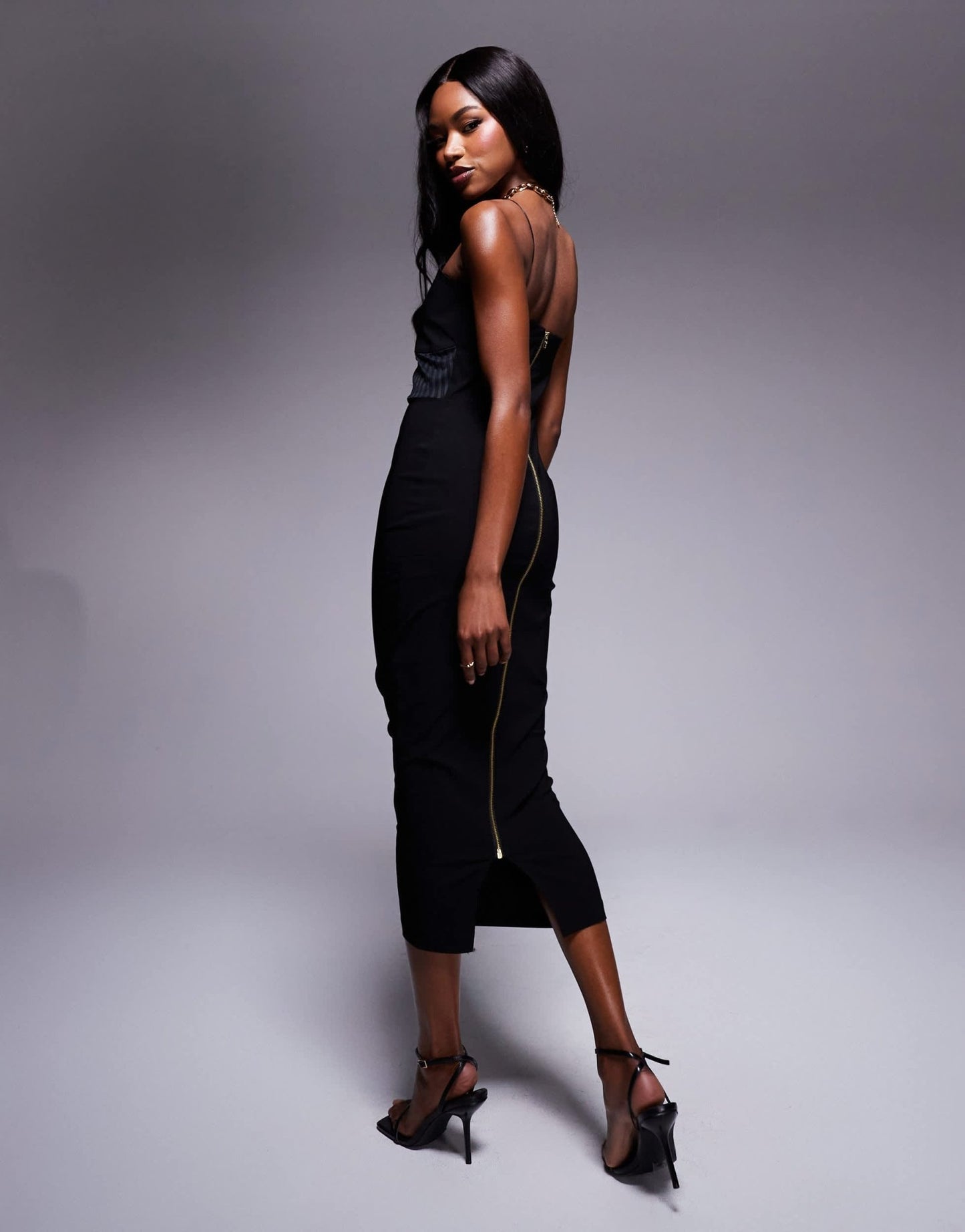 Vesper bengaline strappy cami midaxi dress with ribbed panel in black - ASOS Sample Sale