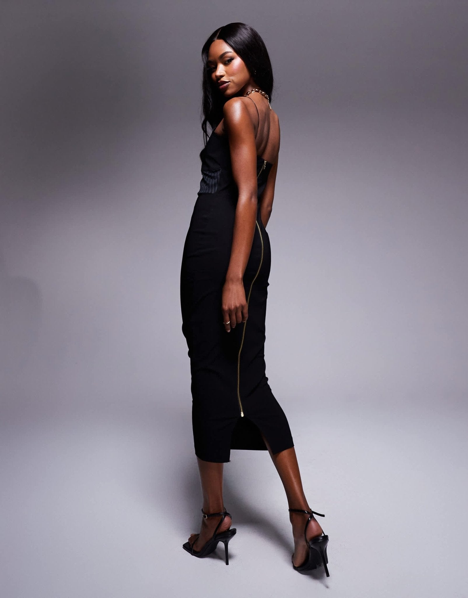 Vesper bengaline strappy cami midaxi dress with ribbed panel in black - ASOS Sample Sale