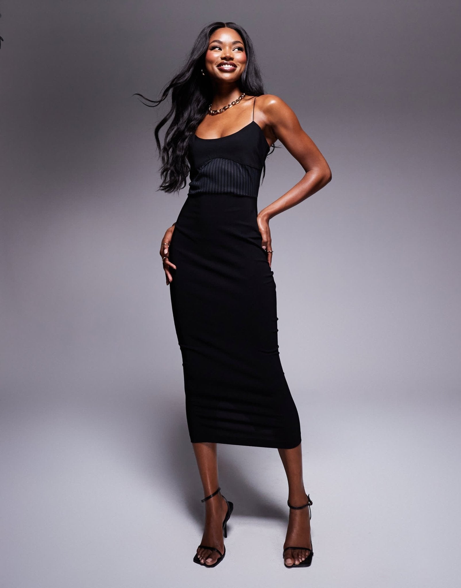Vesper bengaline strappy cami midaxi dress with ribbed panel in black - ASOS Sample Sale