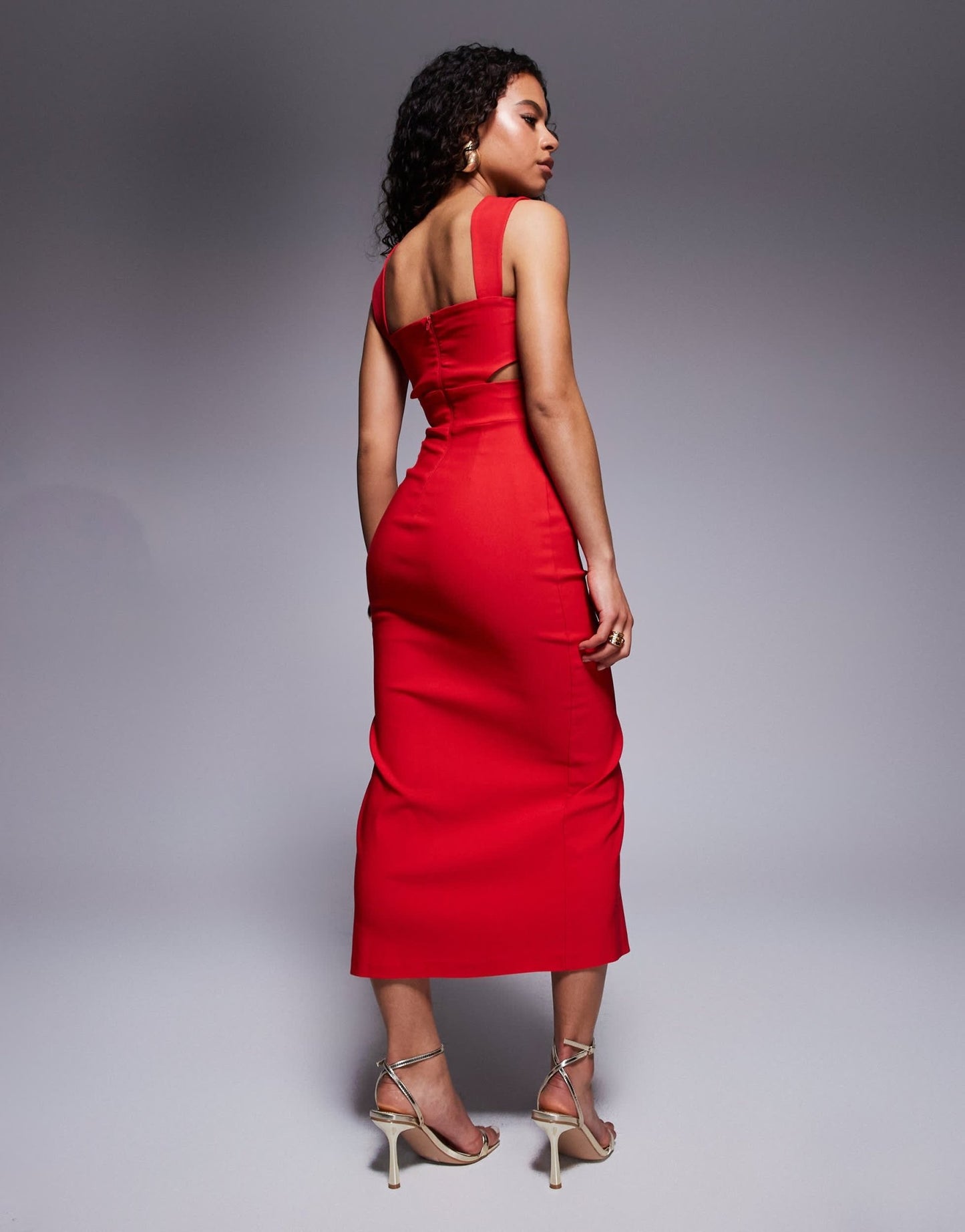 Vesper Petite bengaline bengaline square neck cut out midaxi dress with thigh split in red - ASOS Sample Sale