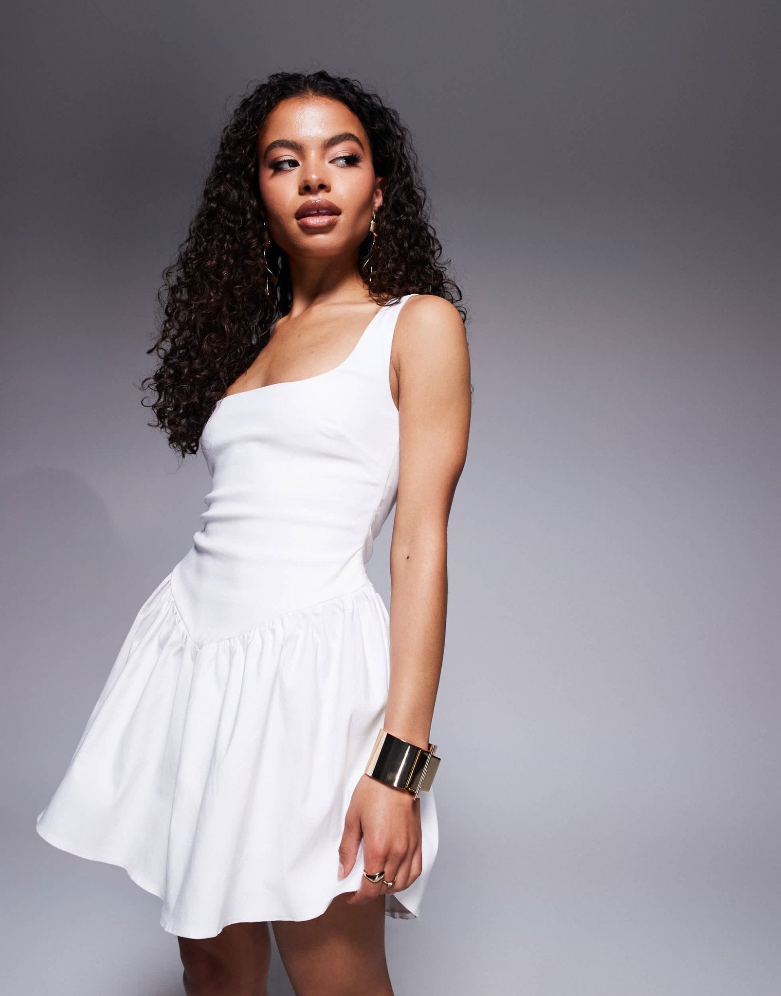 Vesper Petite bengaline bengaline square neck drop waist detail skater mini dress in white - ASOS Sample Sale