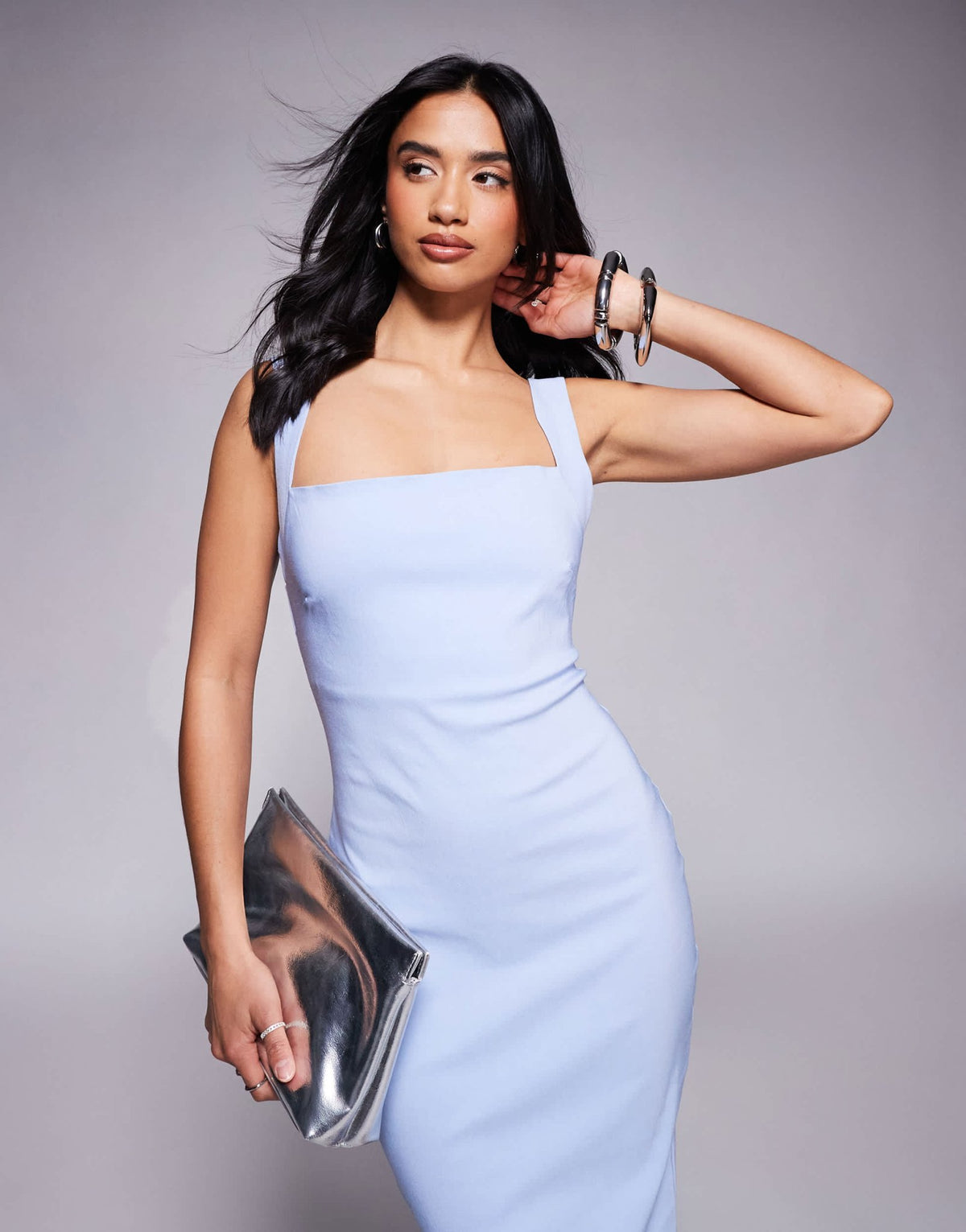 Vesper Petite bengaline square neck scoop back midaxi dress in light blue - ASOS Sample Sale