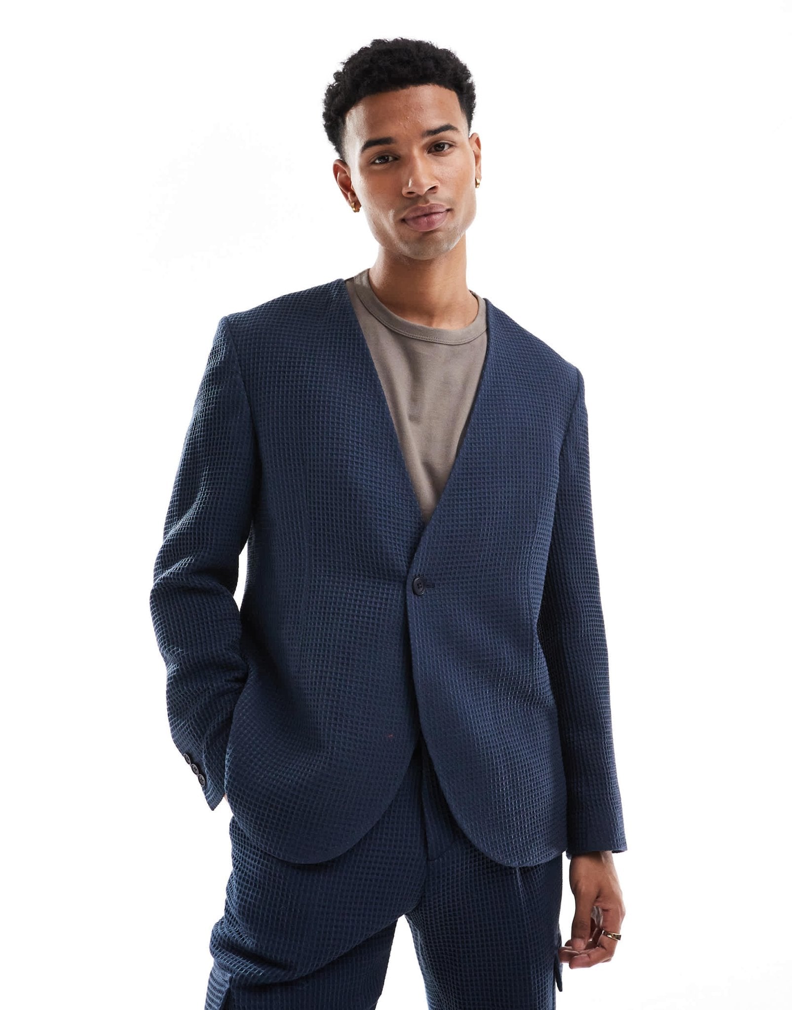 Viggo elanga waffle suit jacket in navy co - ord - ASOS Sample Sale